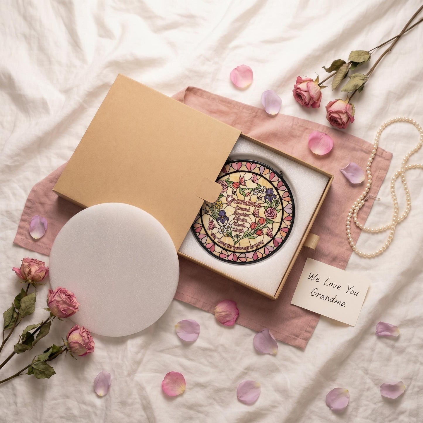 Personalized heart garden suncatcher in heart-shaped pink gift box with foam insert, dried roses and We Love You Grandma card
