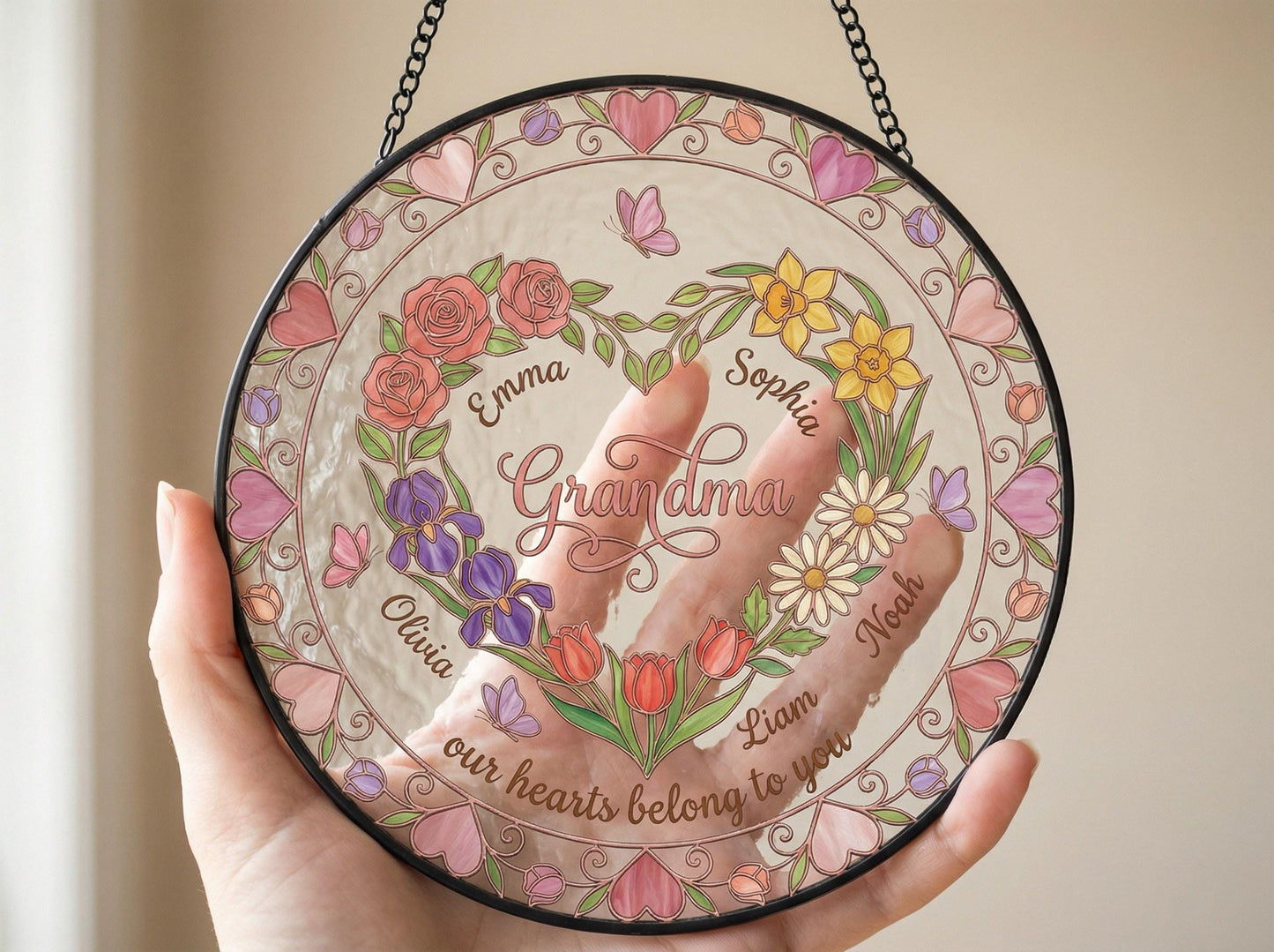 Suncatcher size comparison chart showing 6 sizes from 3.5 to 15 inch in rose garden setting