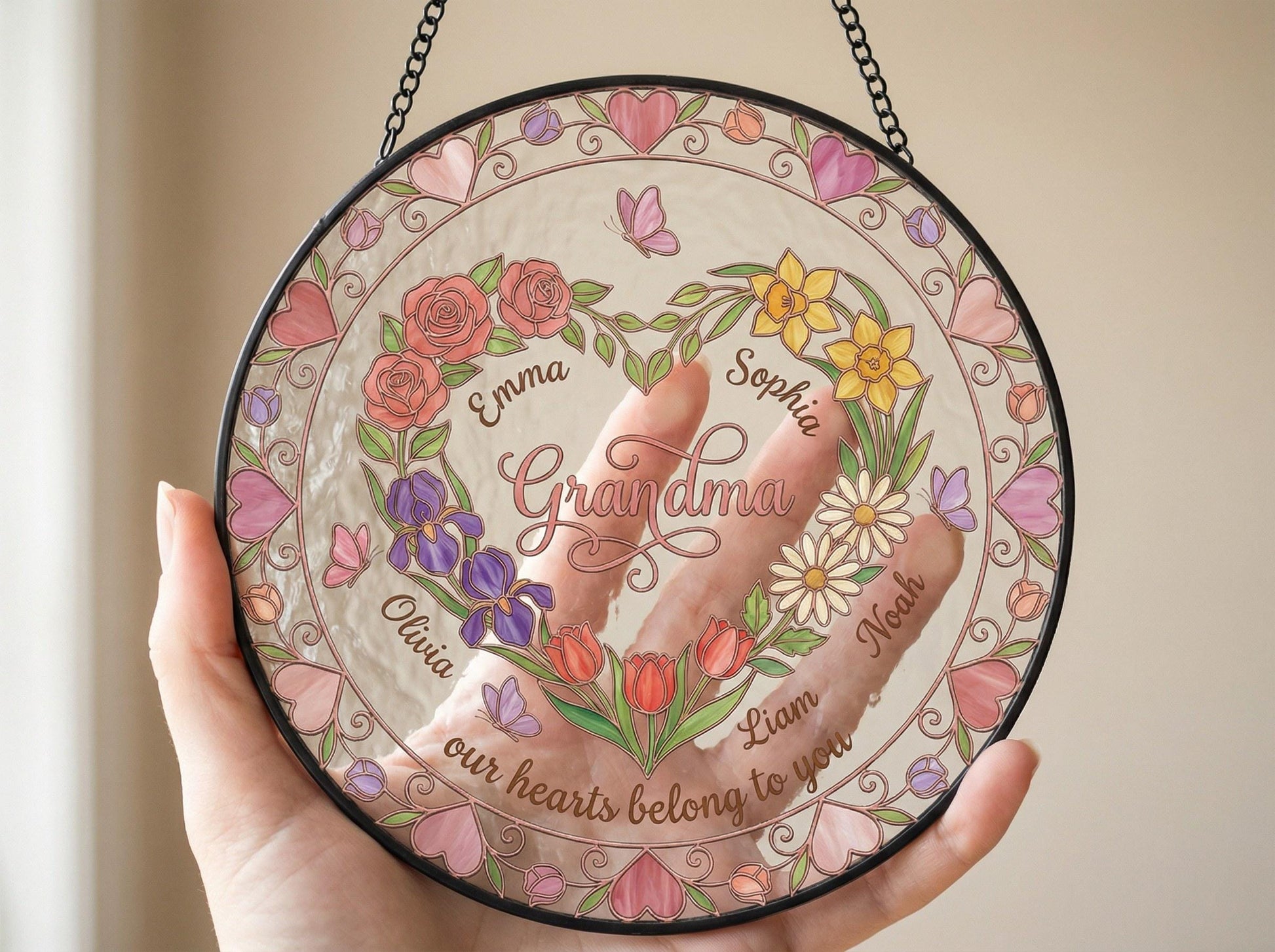 Suncatcher size comparison chart showing 6 sizes from 3.5 to 15 inch in rose garden setting