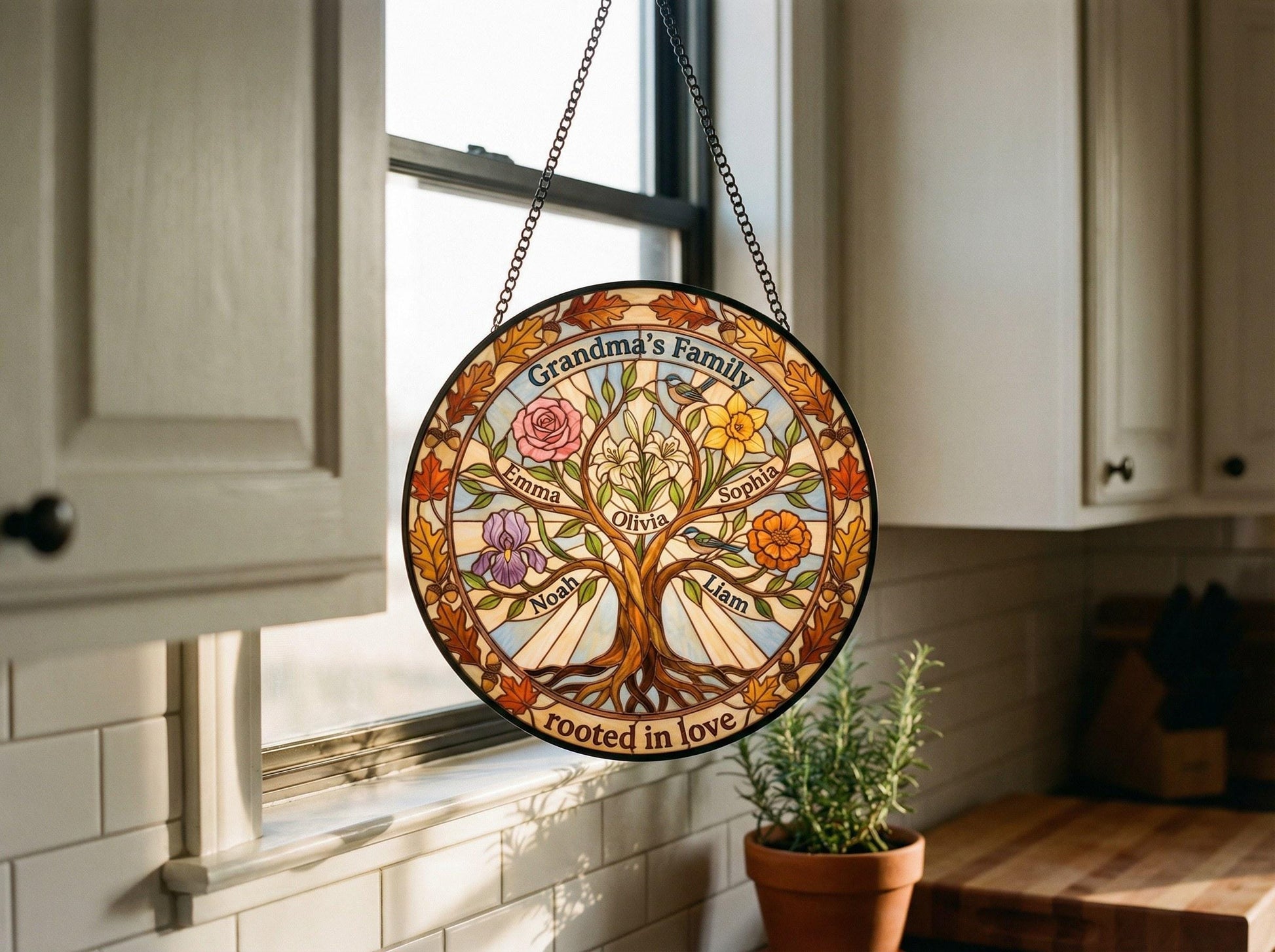 Suncatcher size comparison chart showing 6 sizes from 3.5 to 15 inch