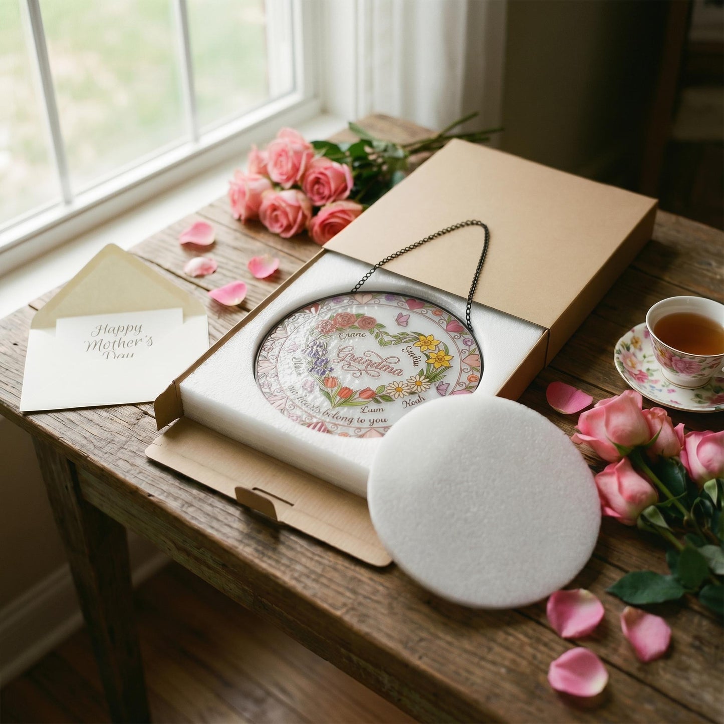 Heart garden suncatcher in kraft gift box with pearl foam insert for Mother's Day gift presentation with pink roses