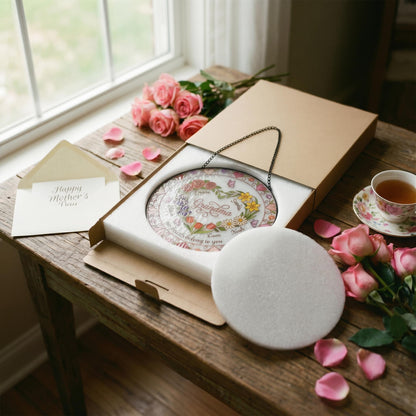Heart garden suncatcher in kraft gift box with pearl foam insert for Mother's Day gift presentation with pink roses