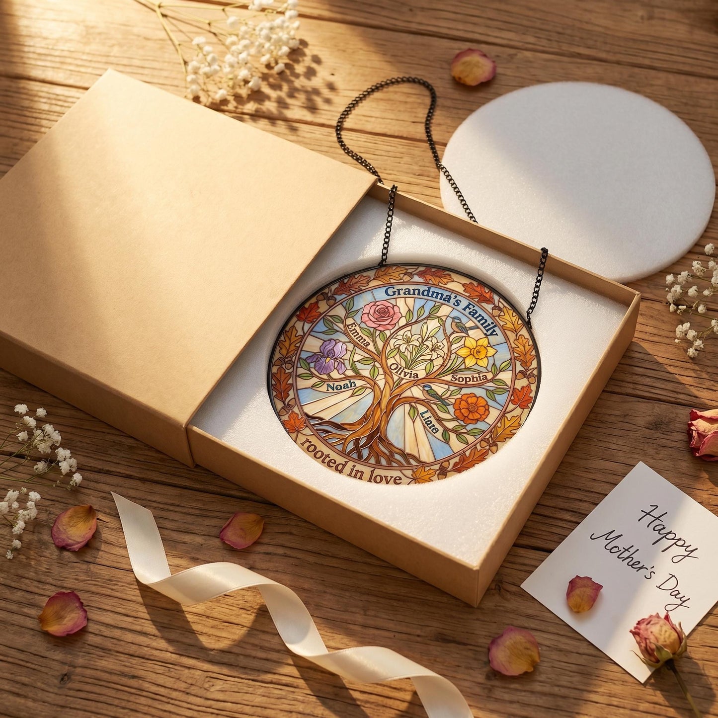 Birth month flower guide showing 12 flowers from January carnation to December poinsettia in stained glass style