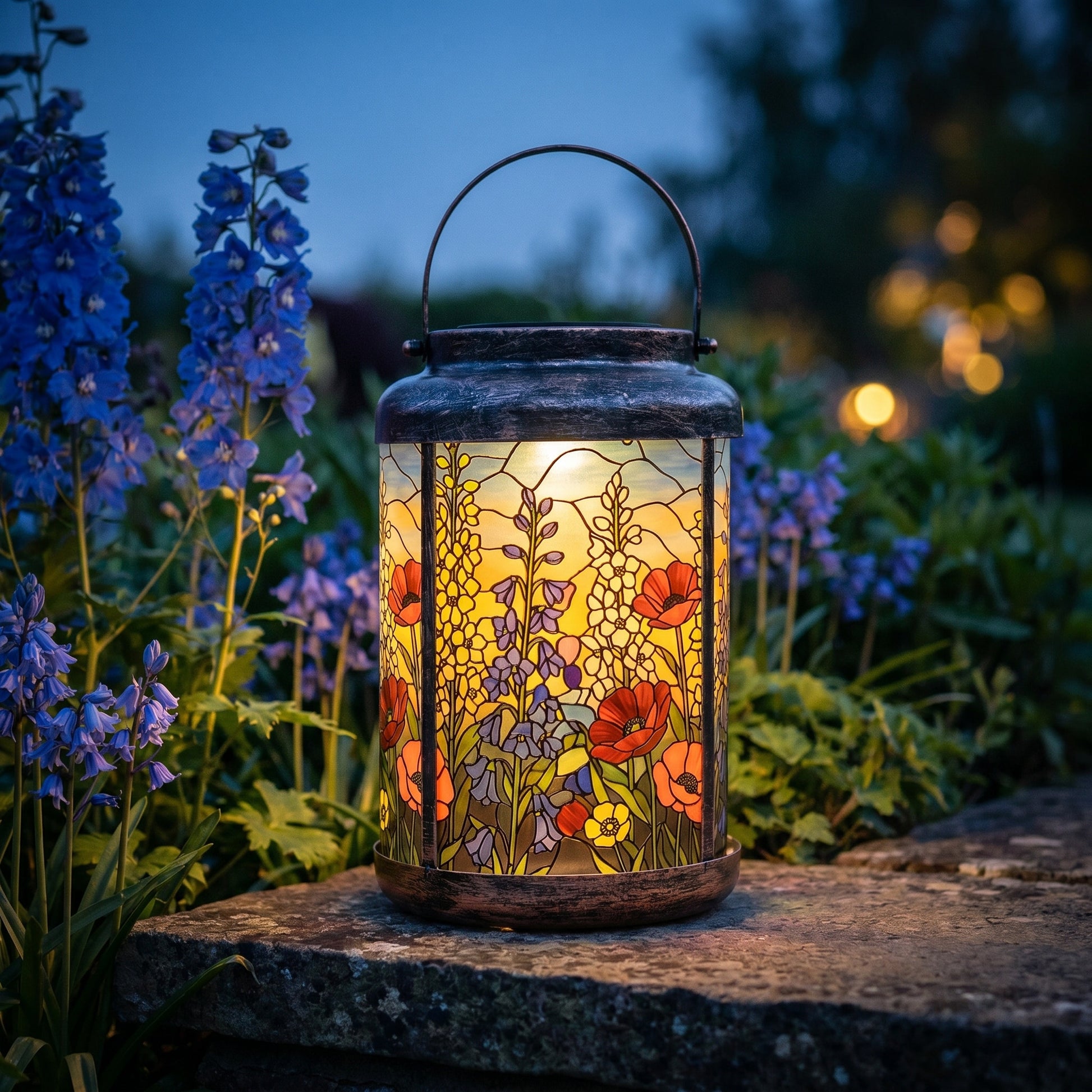 Bluebell and delphinium solar garden lantern lit at dusk among blue garden flowers