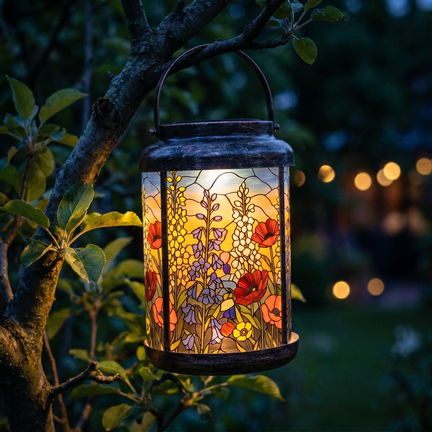 Bluebell Cottage solar lantern with delphinium glowing at dusk on a tree branch