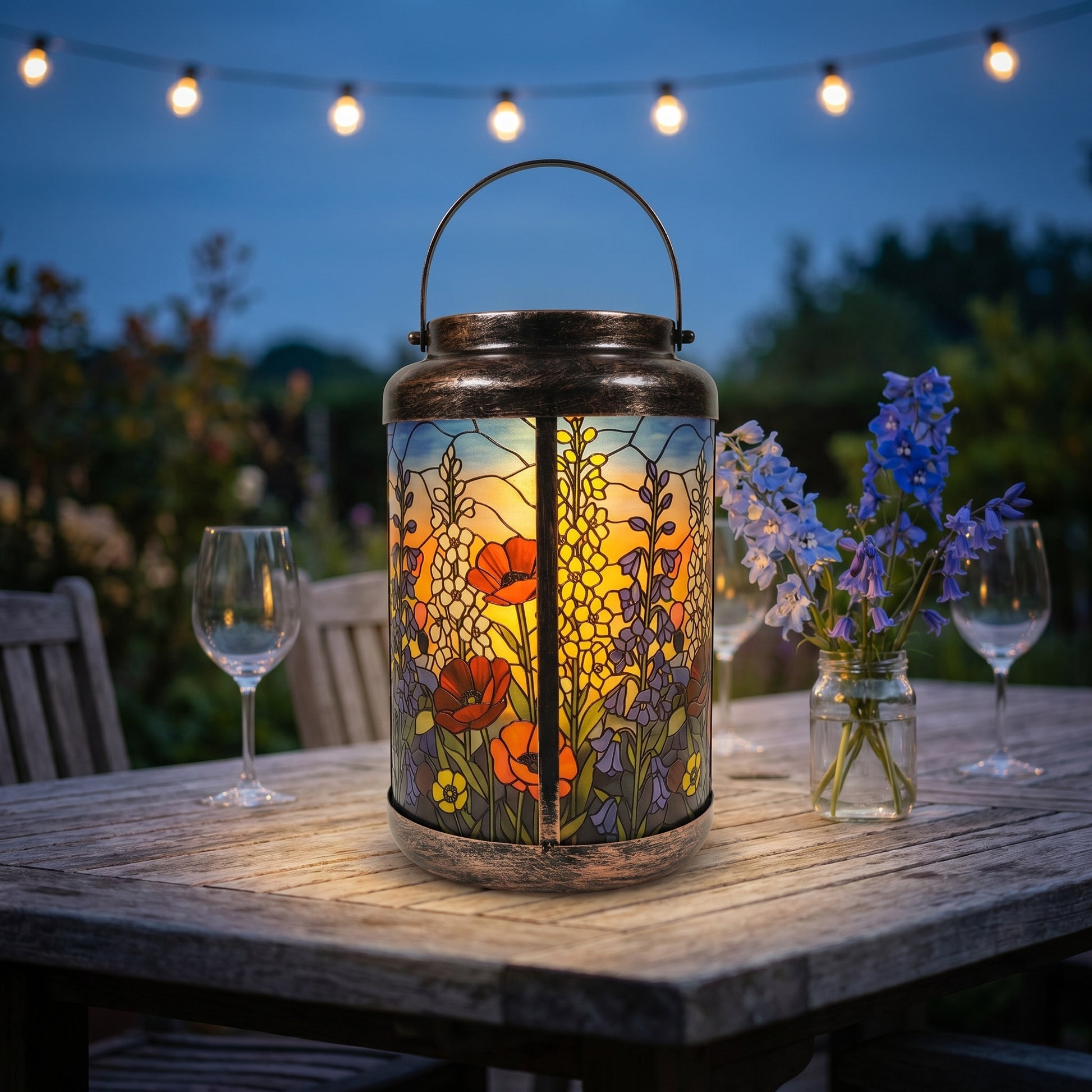 Bluebell Cottage solar lantern glowing as a centerpiece on an outdoor patio table