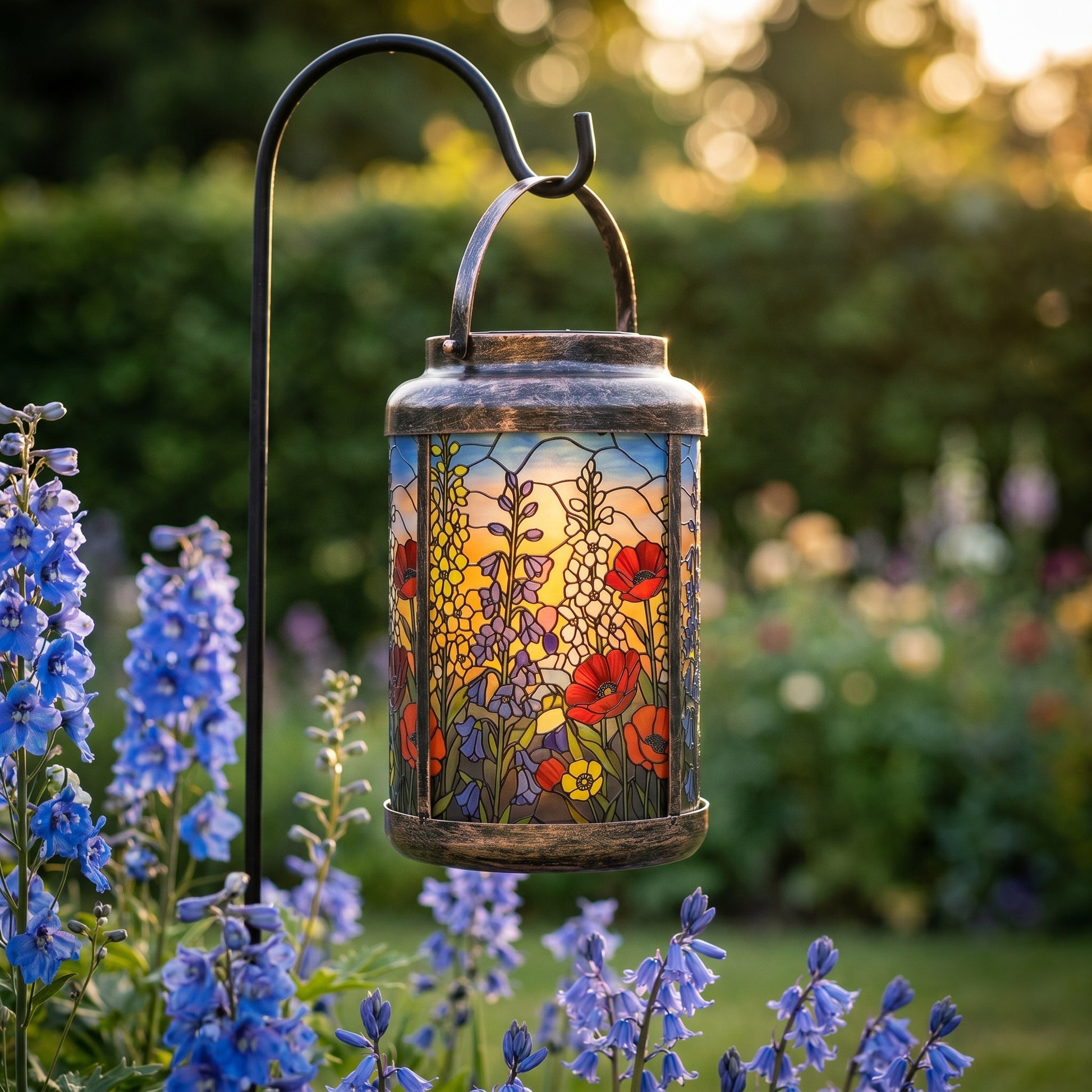Bluebell delphinium stained glass style solar lantern on a shepherd's hook in a daytime cottage garden