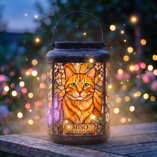 Personalized cat memorial solar lantern glowing warm at dusk in a garden, with a custom orange tabby stained-glass-style portrait and the name Miso, lit from within