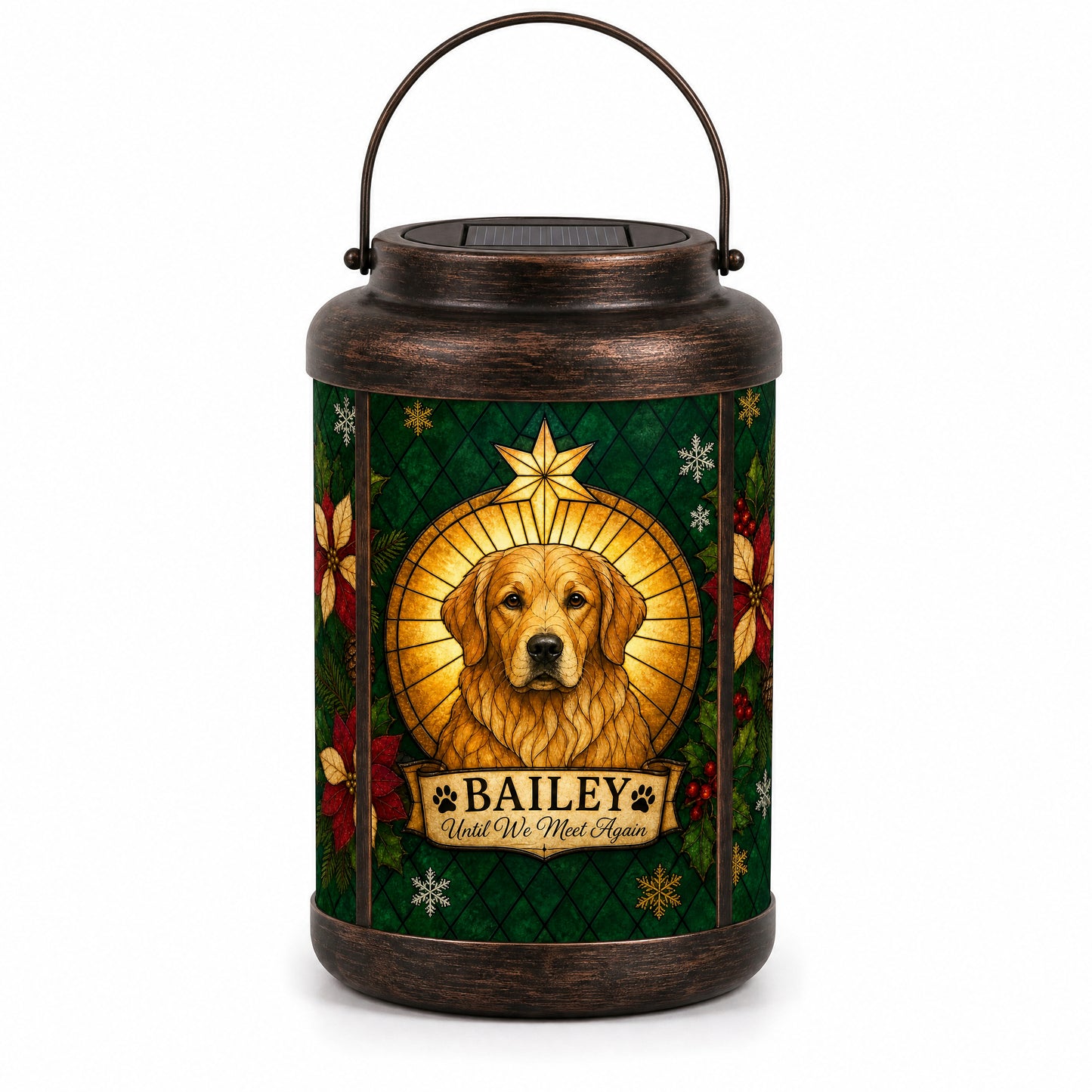 Front view of the personalized pet Christmas memorial solar lantern on a white background, showing the emerald stained-glass-style design, gold halo, star, poinsettias and name scroll