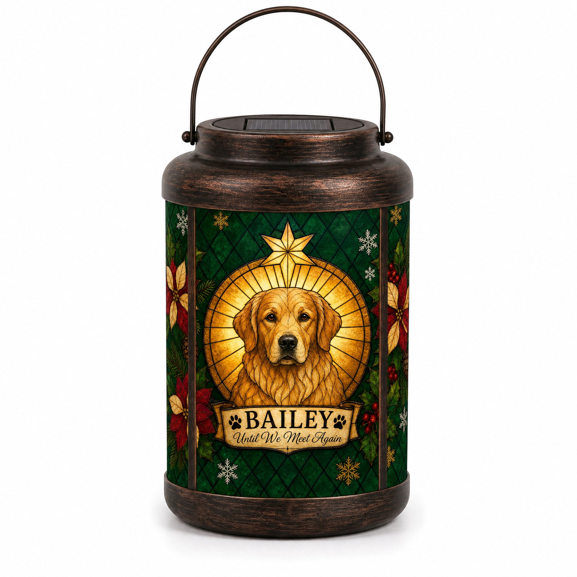Front view of the personalized pet Christmas memorial solar lantern on a white background, showing the emerald stained-glass-style design, gold halo, star, poinsettias and name scroll