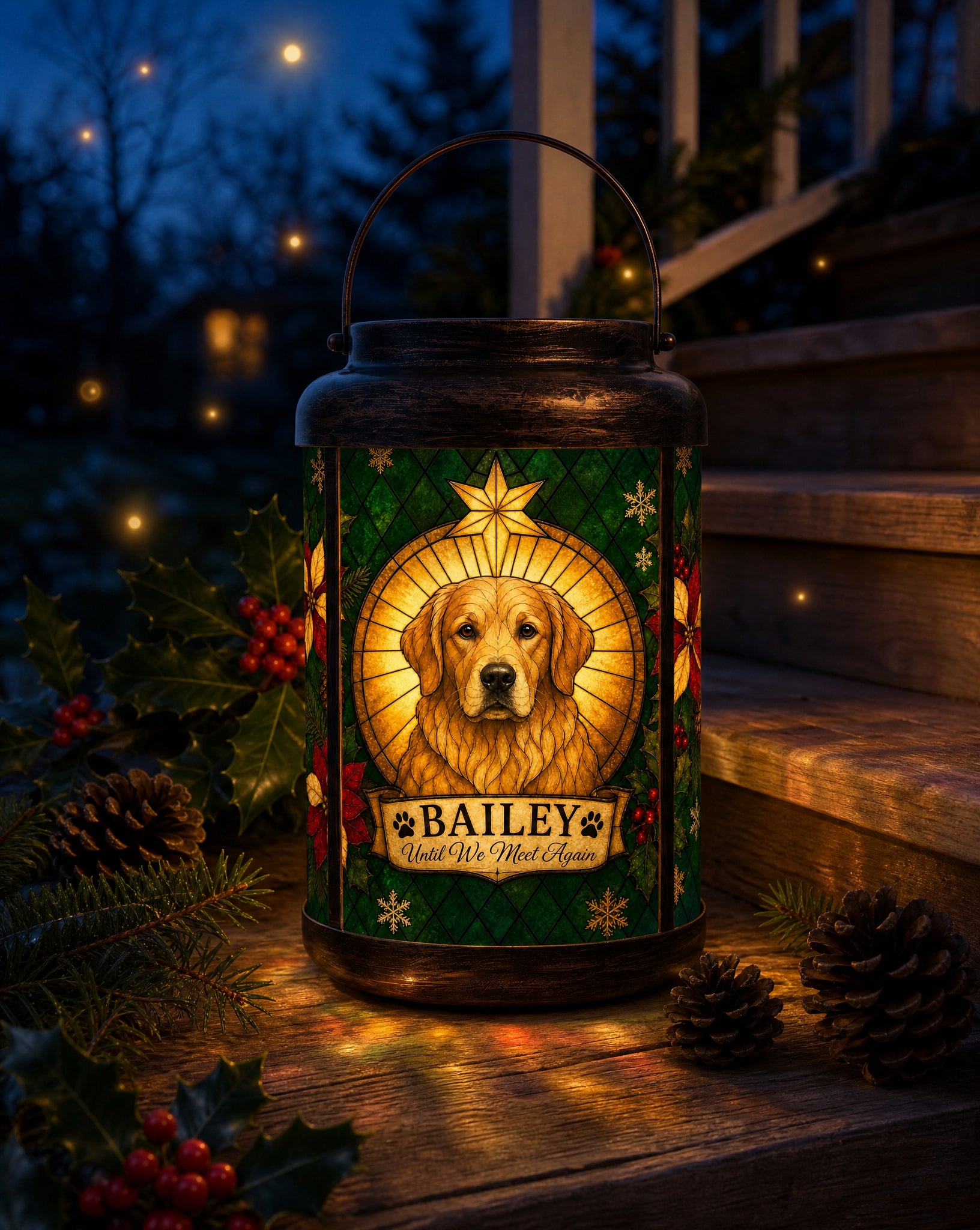 Christmas pet memorial lantern glowing at dusk on a porch step among holly, pinecones and pine sprigs, with a custom dog portrait and the line Until We Meet Again
