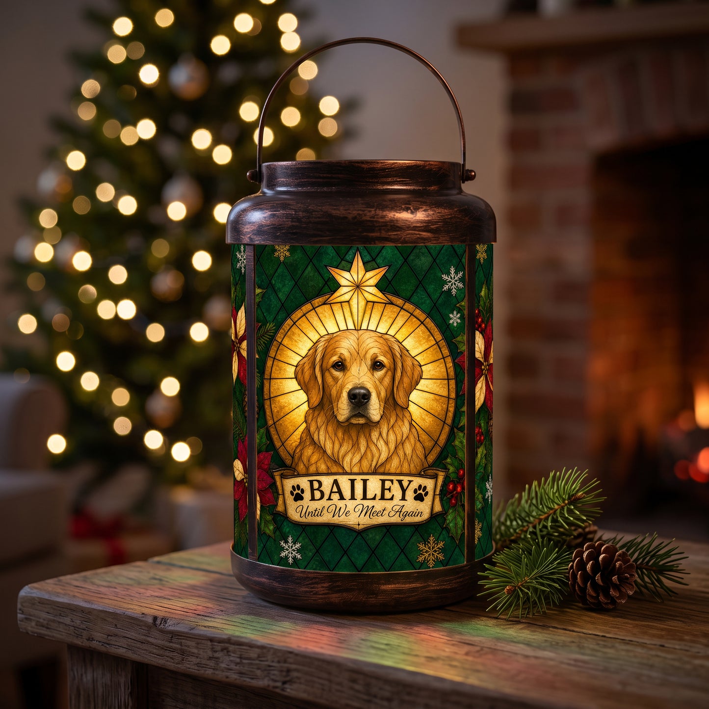 Personalized pet Christmas memorial solar lantern glowing on a wooden table by a fireplace and lit Christmas tree, with a custom golden retriever portrait in a gold halo and the name Bailey