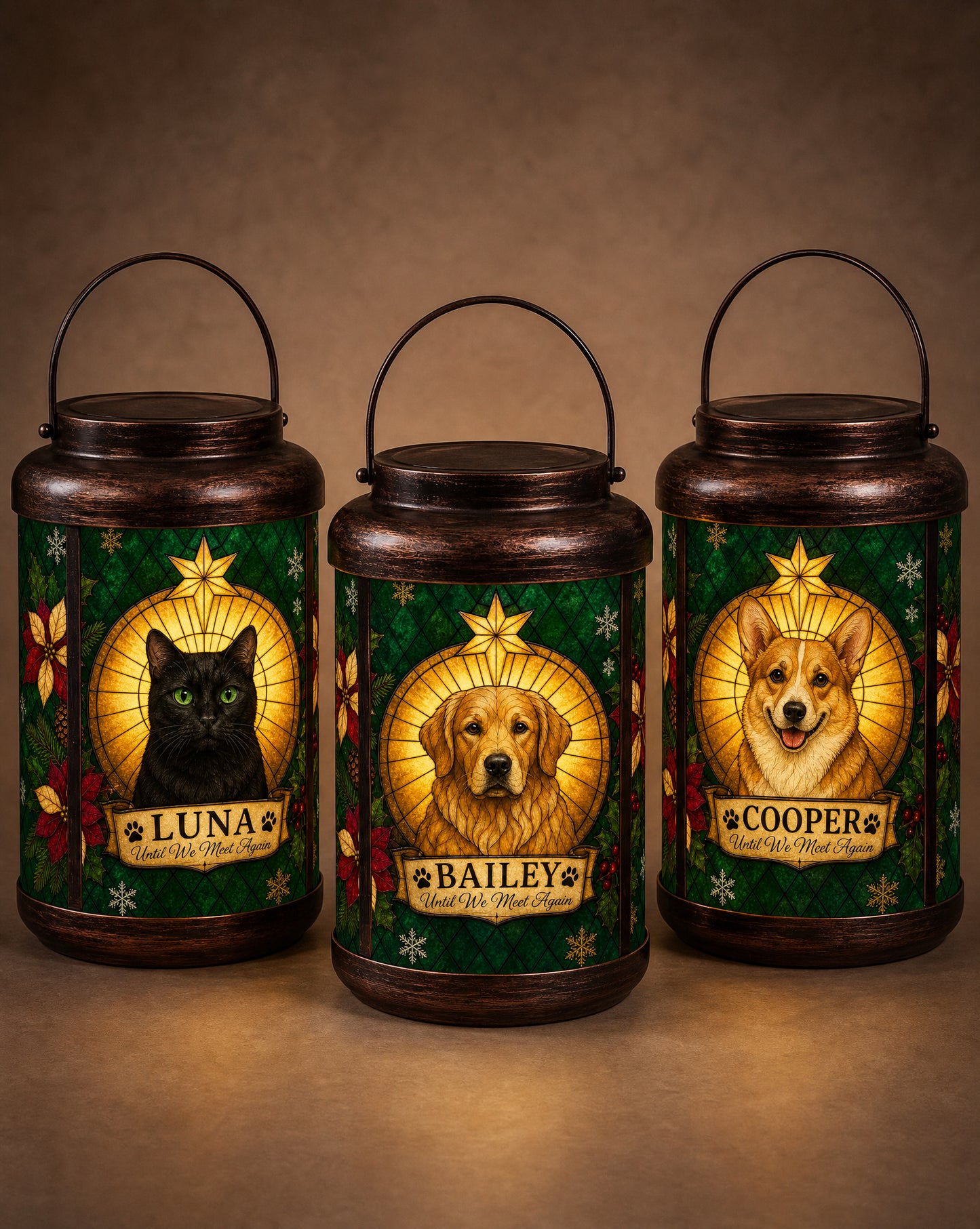 Three personalized Christmas memorial lanterns side by side with a black cat, a golden retriever and a corgi portrait, each with its own name — Luna, Bailey and Cooper