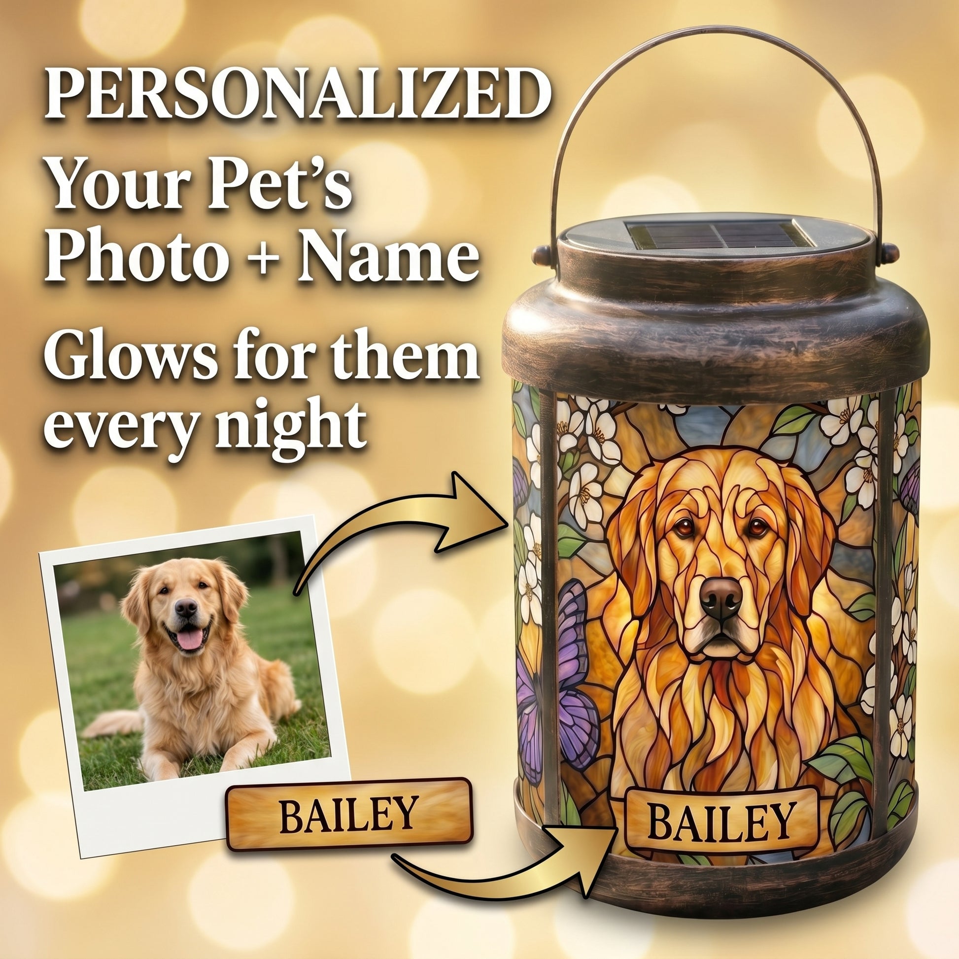 Upload your pet's photo and name to create a personalized memorial solar lantern with a stained-glass-style portrait that glows every night