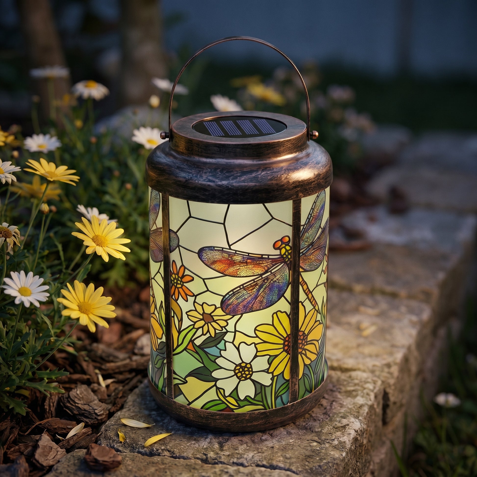 Dragonfly and yellow daisy memorial solar lantern glowing softly on a stone step surrounded by daisies