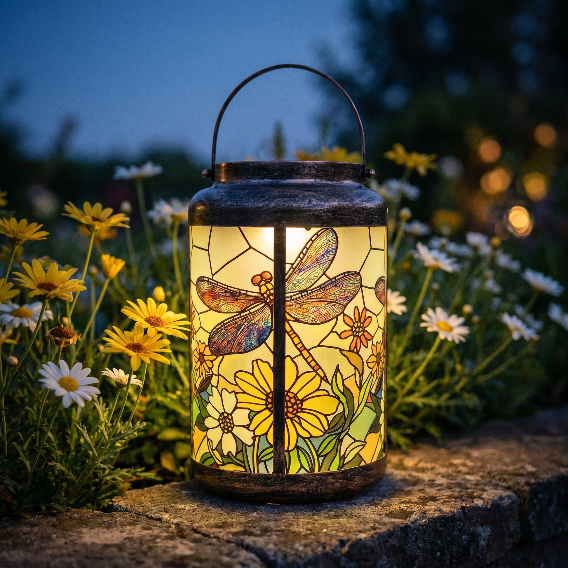Dragonfly daisy solar garden lantern lit at dusk among garden flowers