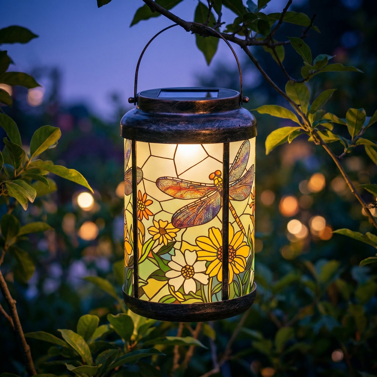 Dragonfly and daisy solar lantern glowing at dusk, hanging from a branch in the garden