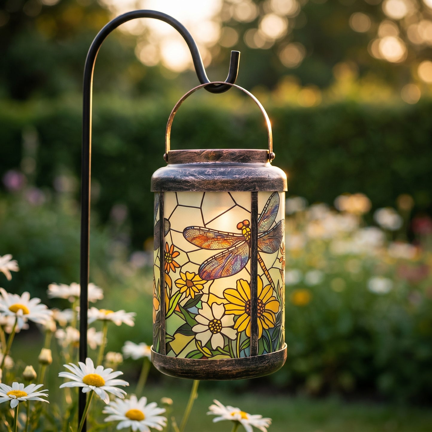 Dragonfly and daisy stained glass style lantern hanging from a shepherd's hook in daylight