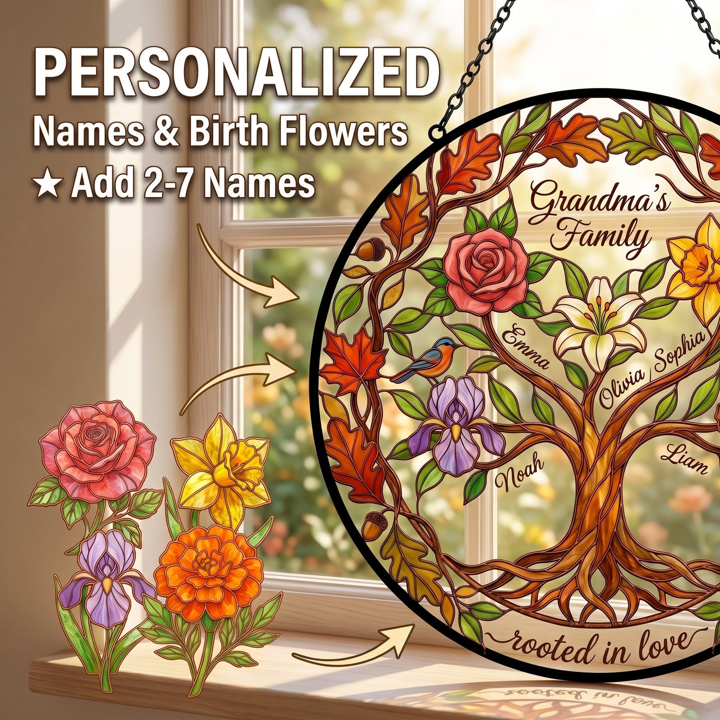 Family Tree of Life Suncatcher — Autumn Leaf & Acorn Border