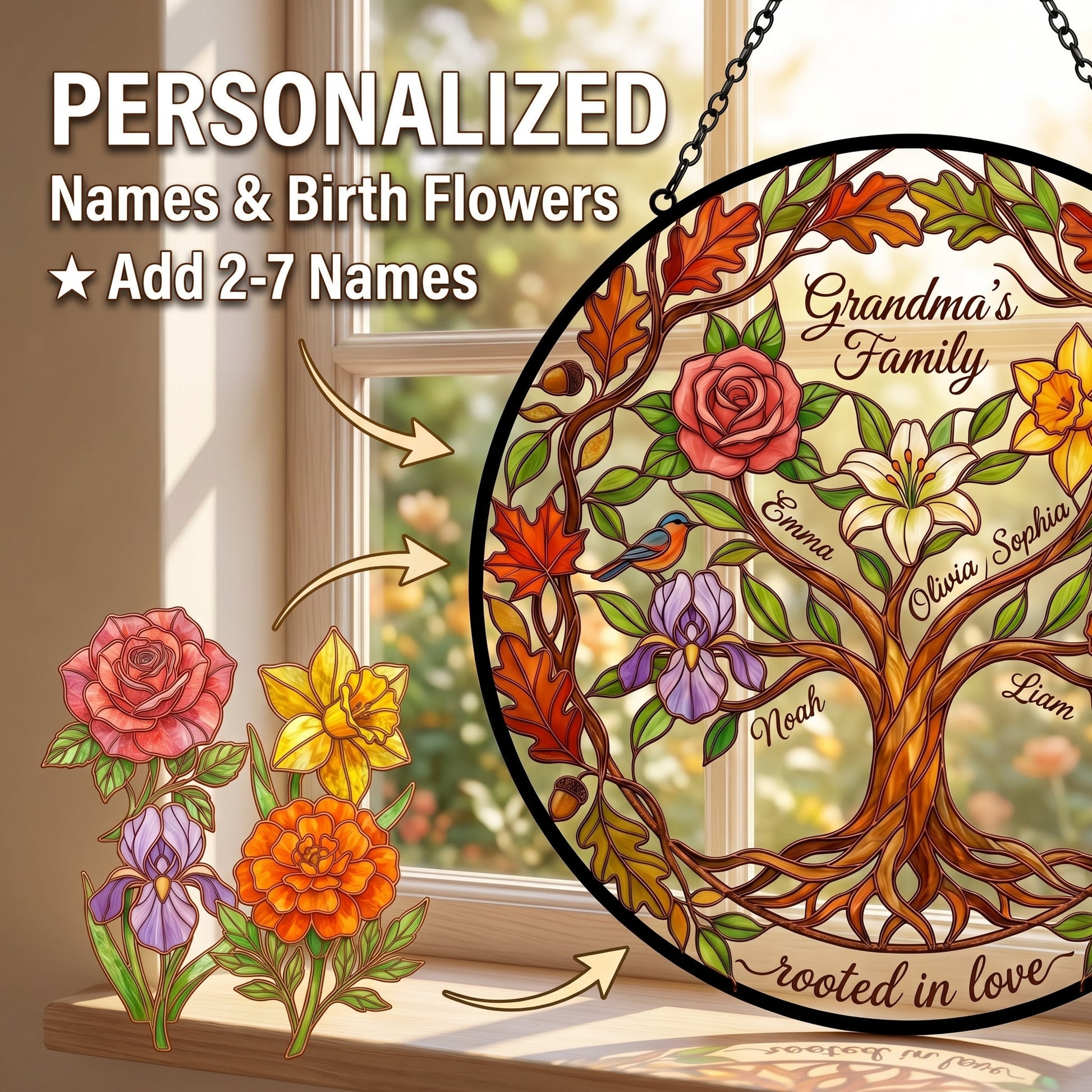 Family Tree of Life Suncatcher — Autumn Leaf & Acorn Border