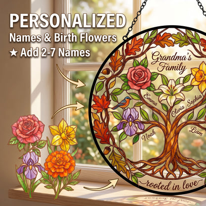 Family Tree of Life Suncatcher — Autumn Leaf & Acorn Border
