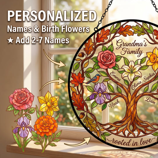 Family Tree of Life Suncatcher — Autumn Leaf & Acorn Border