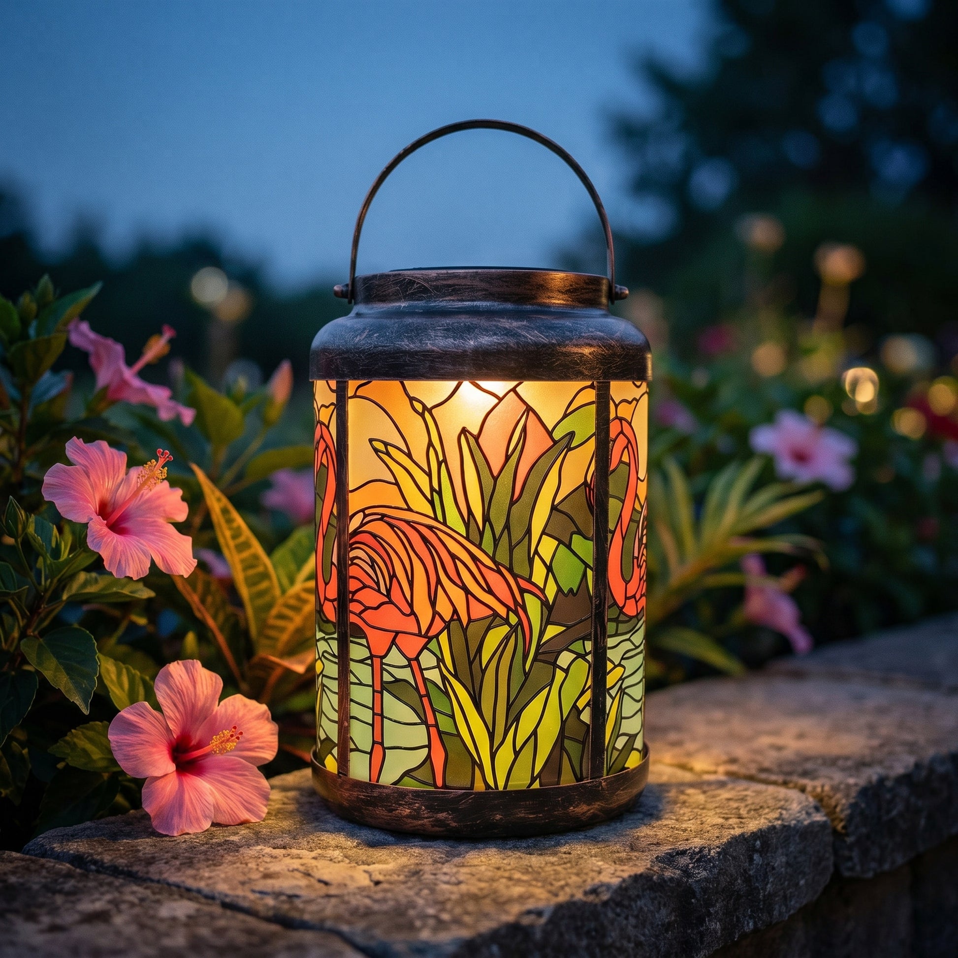 Pink flamingo tropical solar lantern glowing on a stone garden wall beside pink hibiscus flowers at dusk