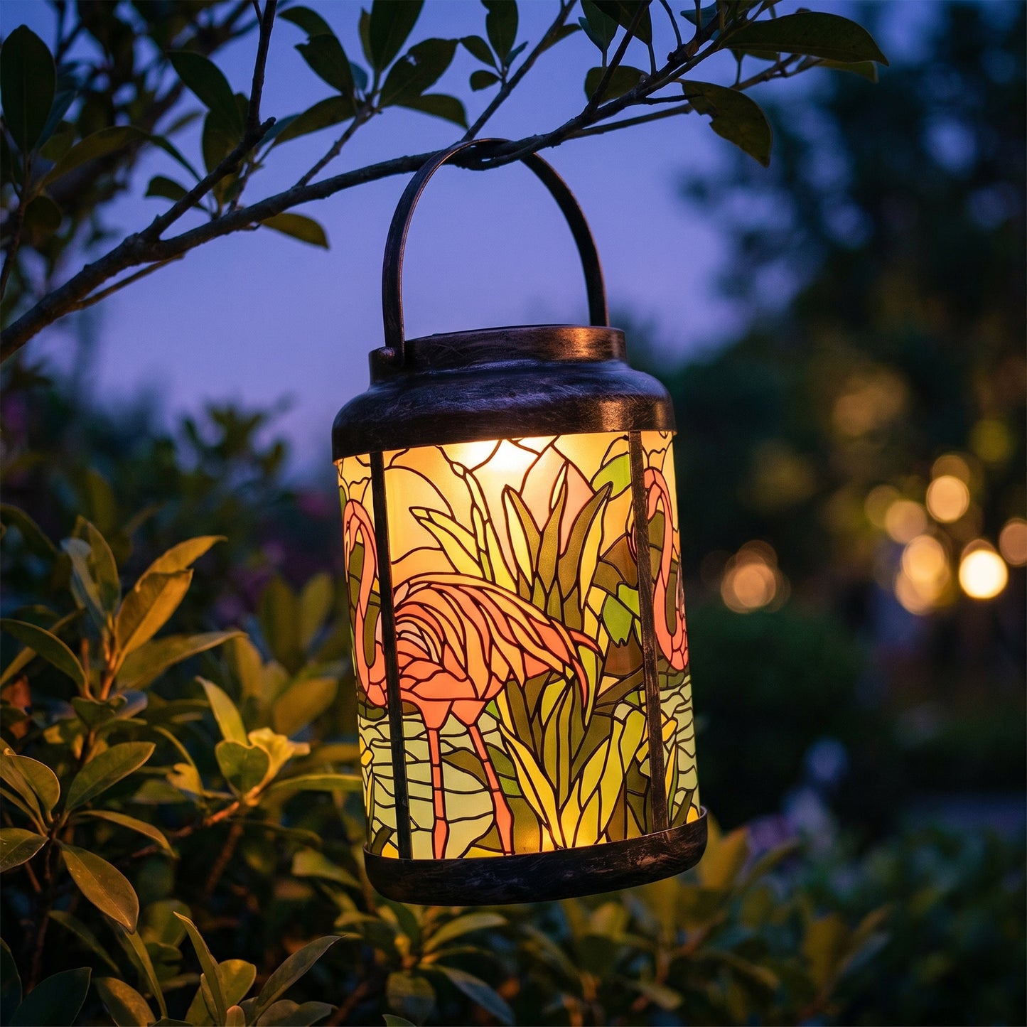 Pink flamingo solar lantern glowing at dusk, hanging from a tree branch in a garden
