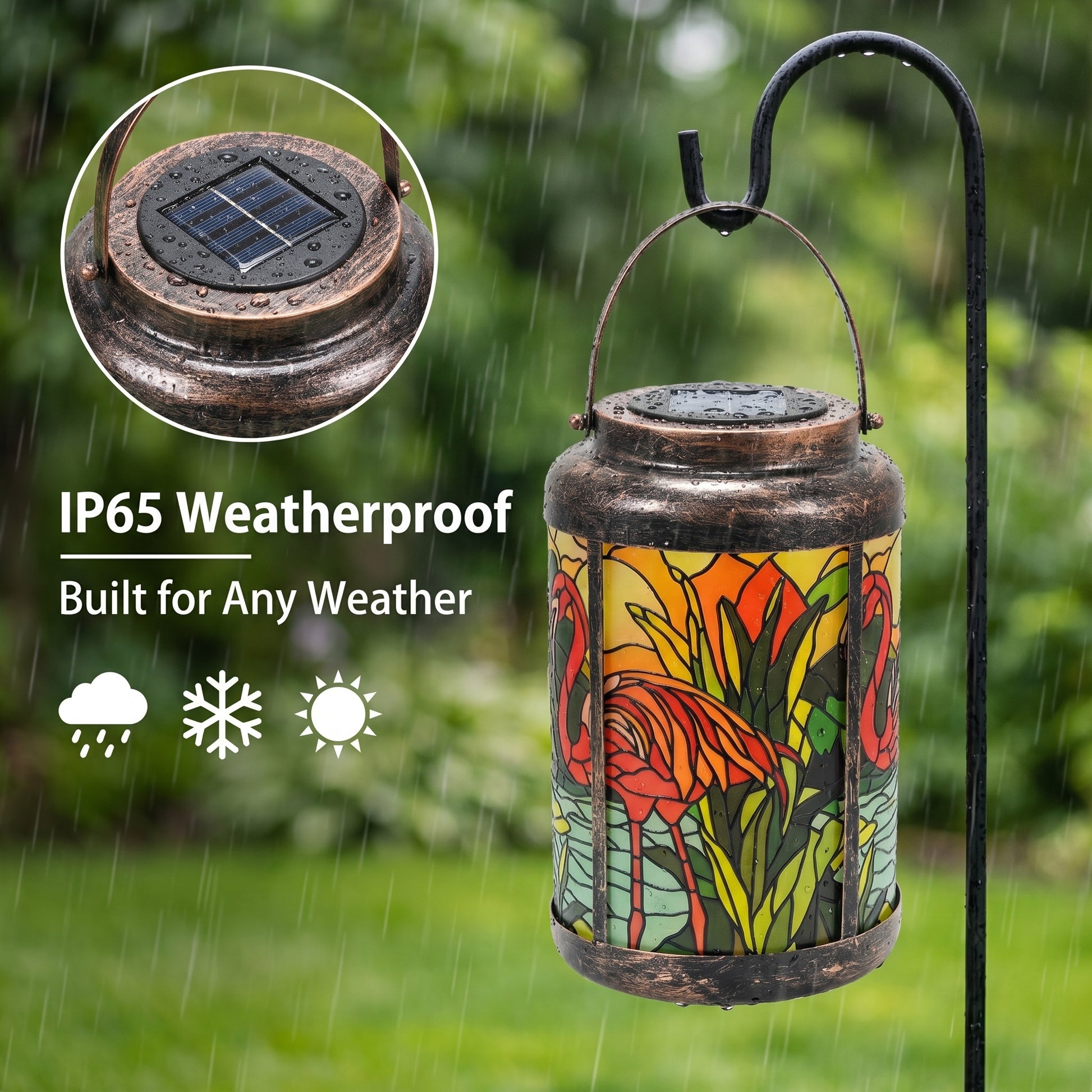 IP65 weatherproof rating illustration showing the flamingo lantern in rain, snow, and sunshine