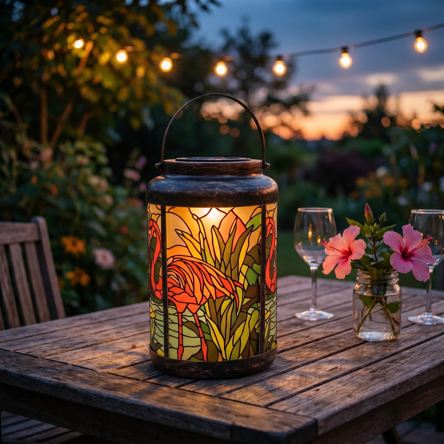 Flamingo stained glass style solar lantern lit as a centerpiece on a patio table under string lights at sunset