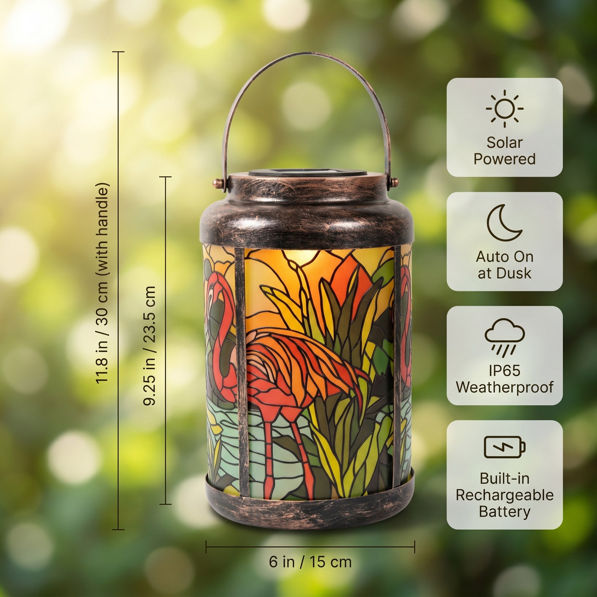 Size chart showing lantern body 9.25 in / 23.5 cm tall, 11.8 in / 30 cm with handle, 6 in / 15 cm across, plus solar powered, auto on at dusk, IP65 weatherproof, and built-in rechargeable battery icons