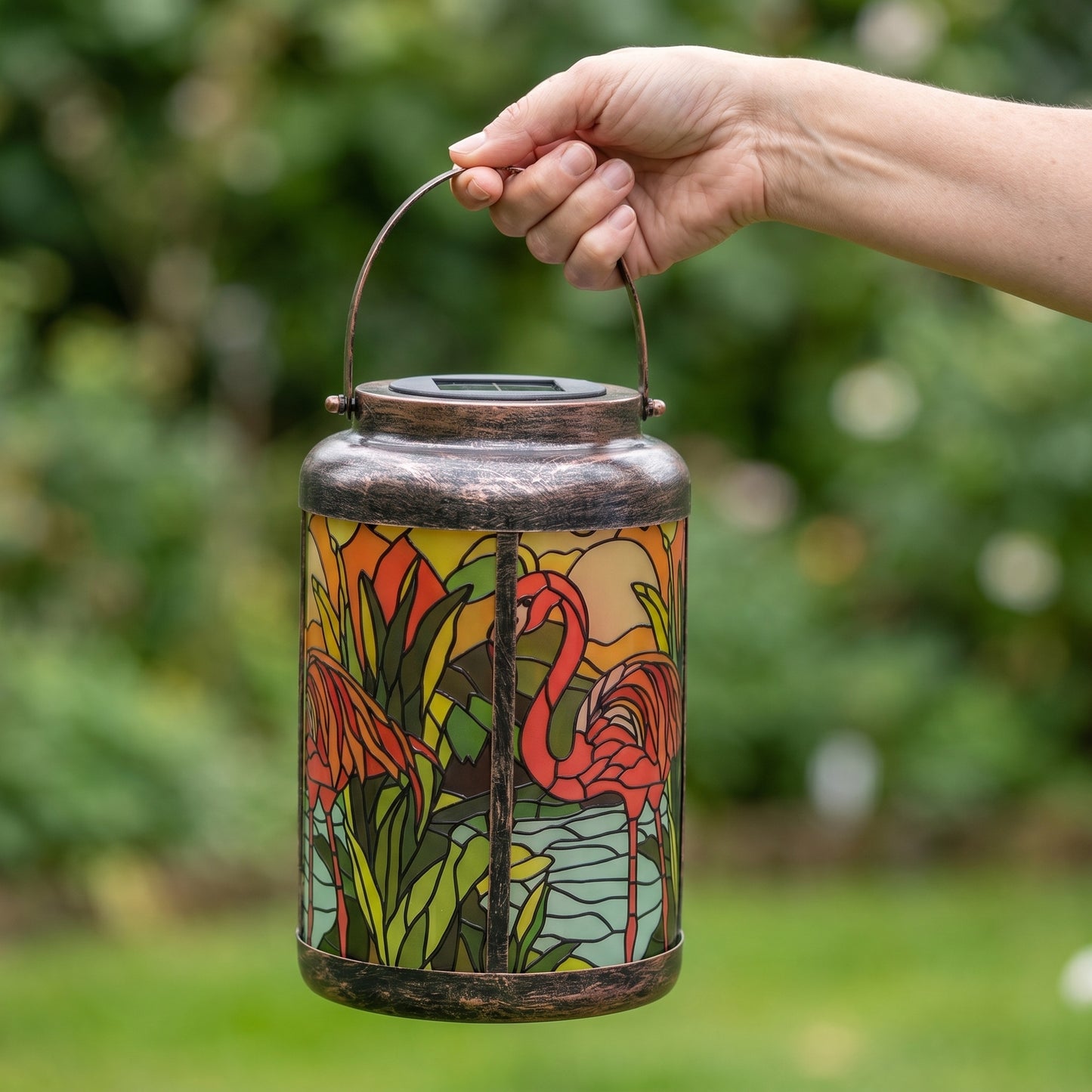 Hand holding the 9.25 inch pink flamingo solar lantern by its handle, showing its true size