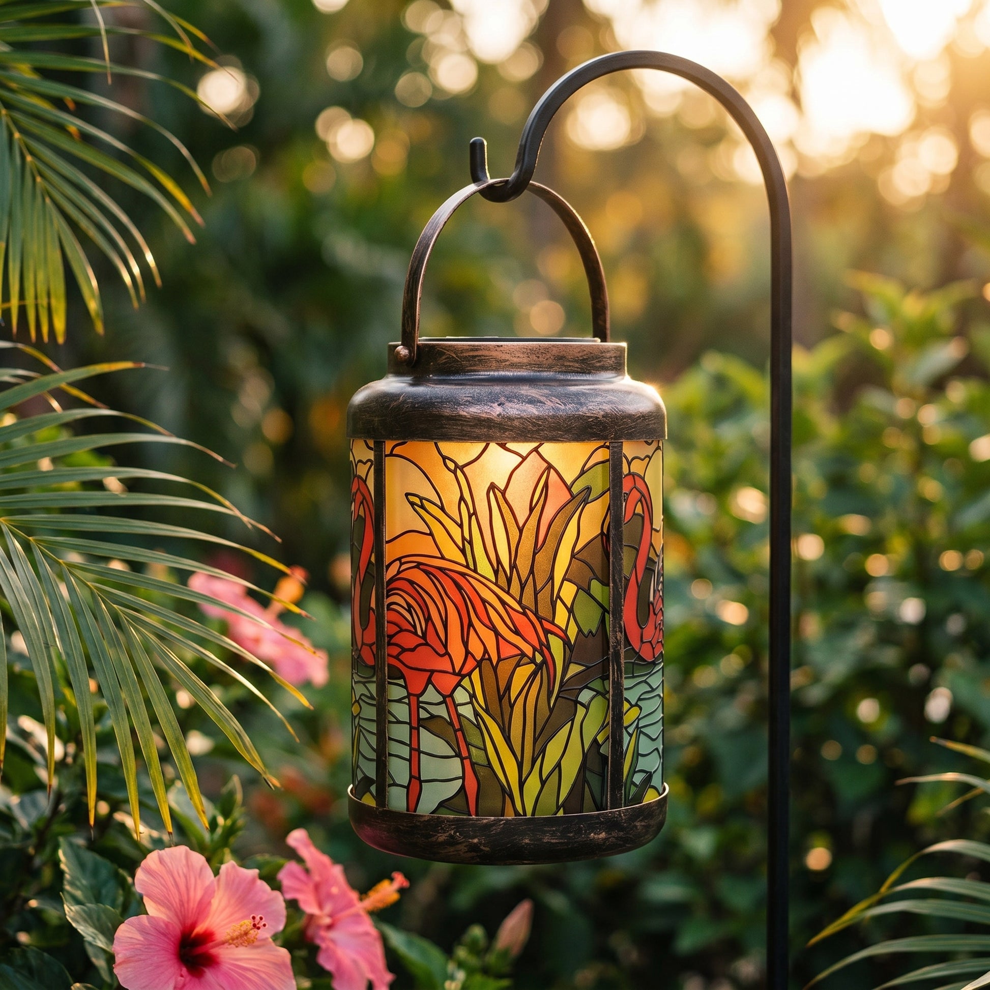 Flamingo tropical solar lantern hanging from a shepherd's hook in daylight among palm leaves and hibiscus, showing the printed glass colors unlit