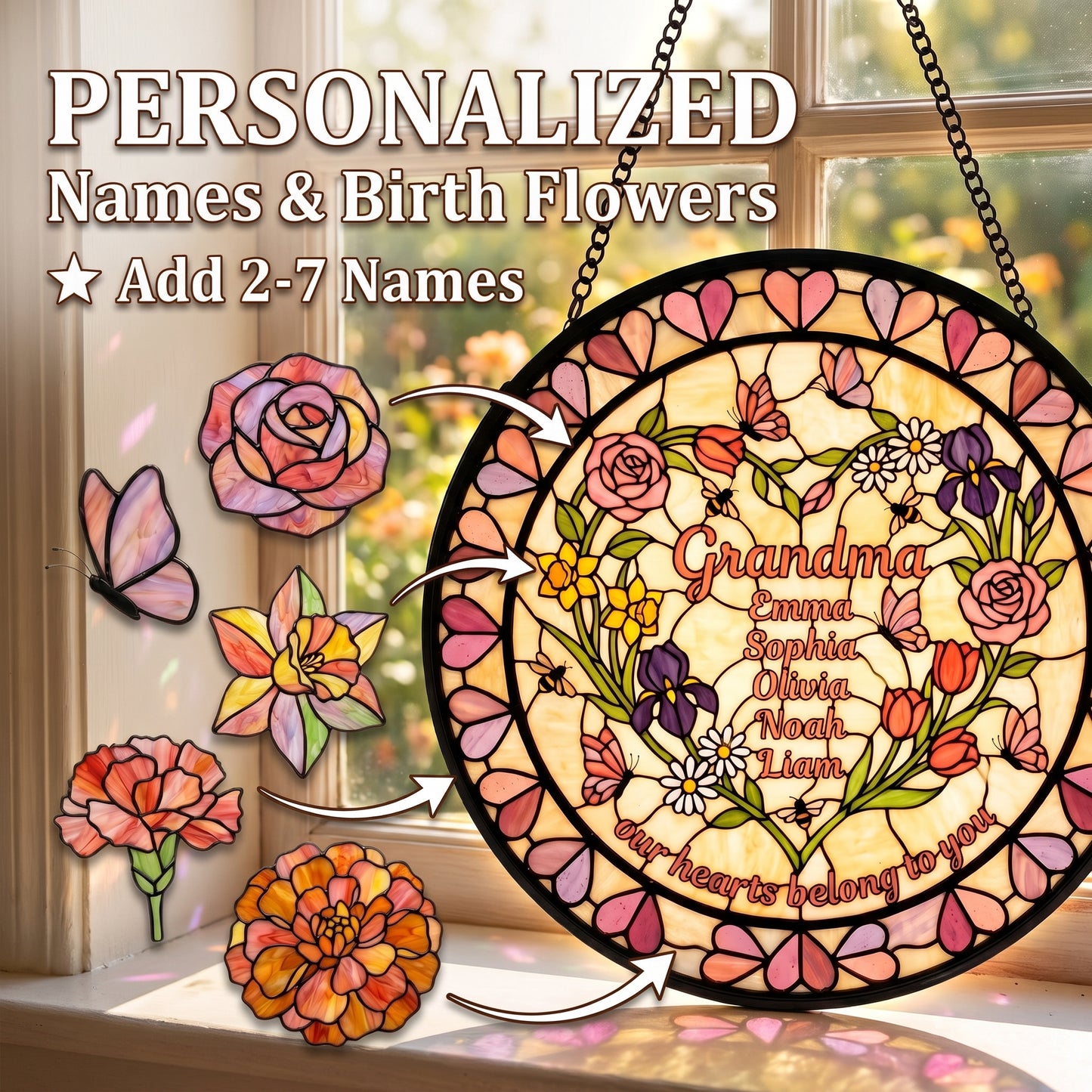 Heart Garden Artisan Stained Glass Suncatcher — Personalized Birth Flower