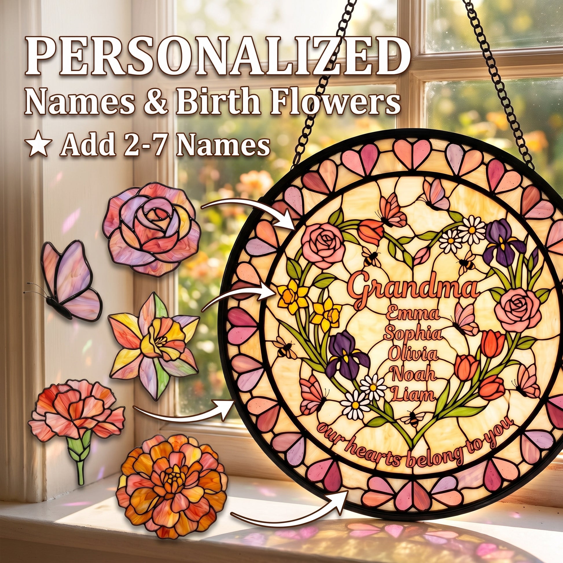 Heart Garden Artisan Stained Glass Suncatcher — Personalized Birth Flower