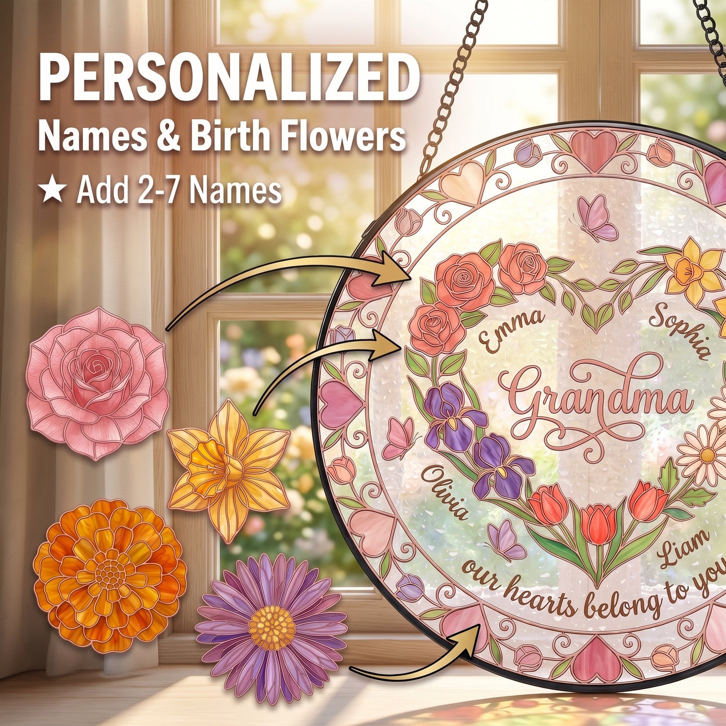 Heart Garden Rose Gold Suncatcher — Personalized Birth Flower Gift