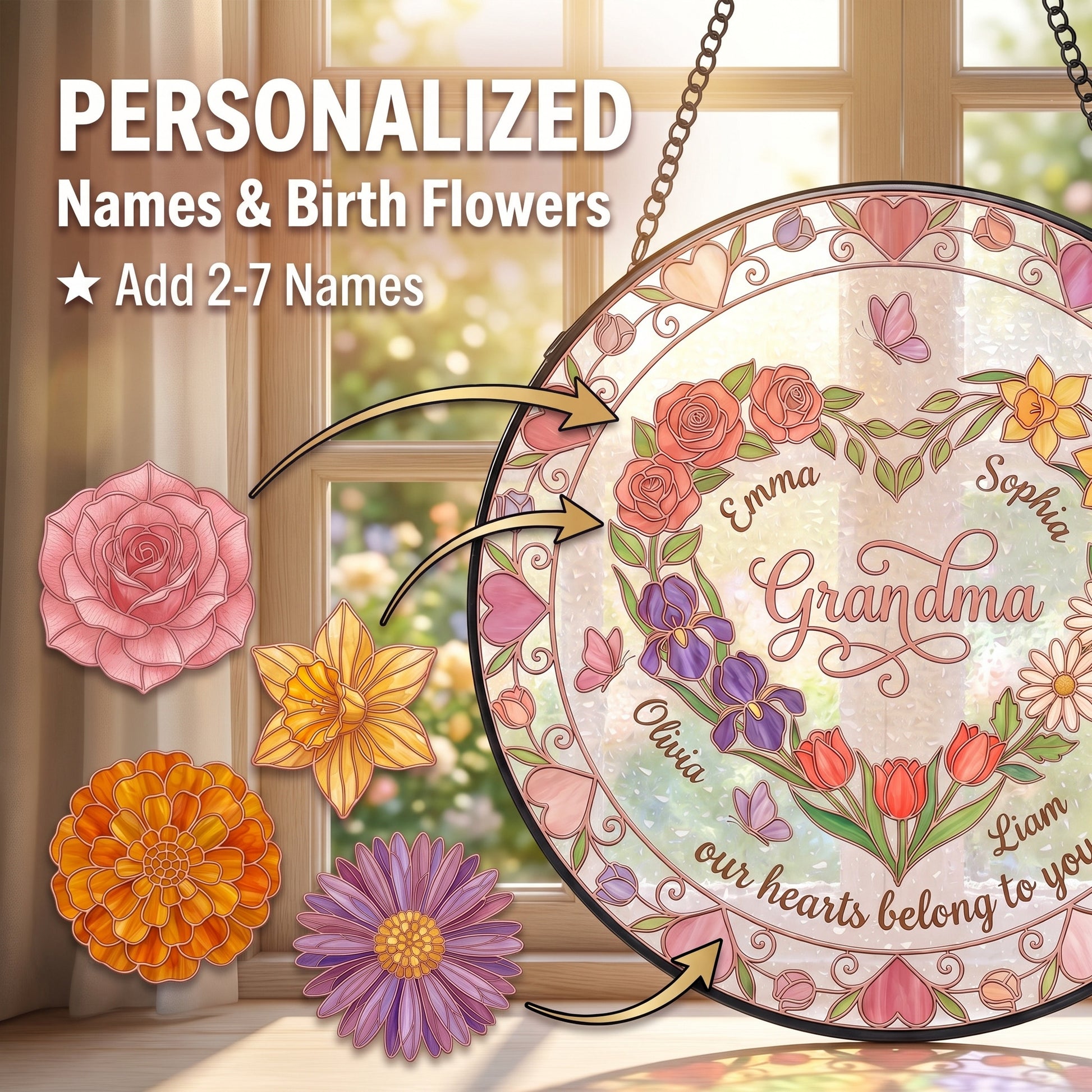 Heart Garden Rose Gold Suncatcher — Personalized Birth Flower Gift