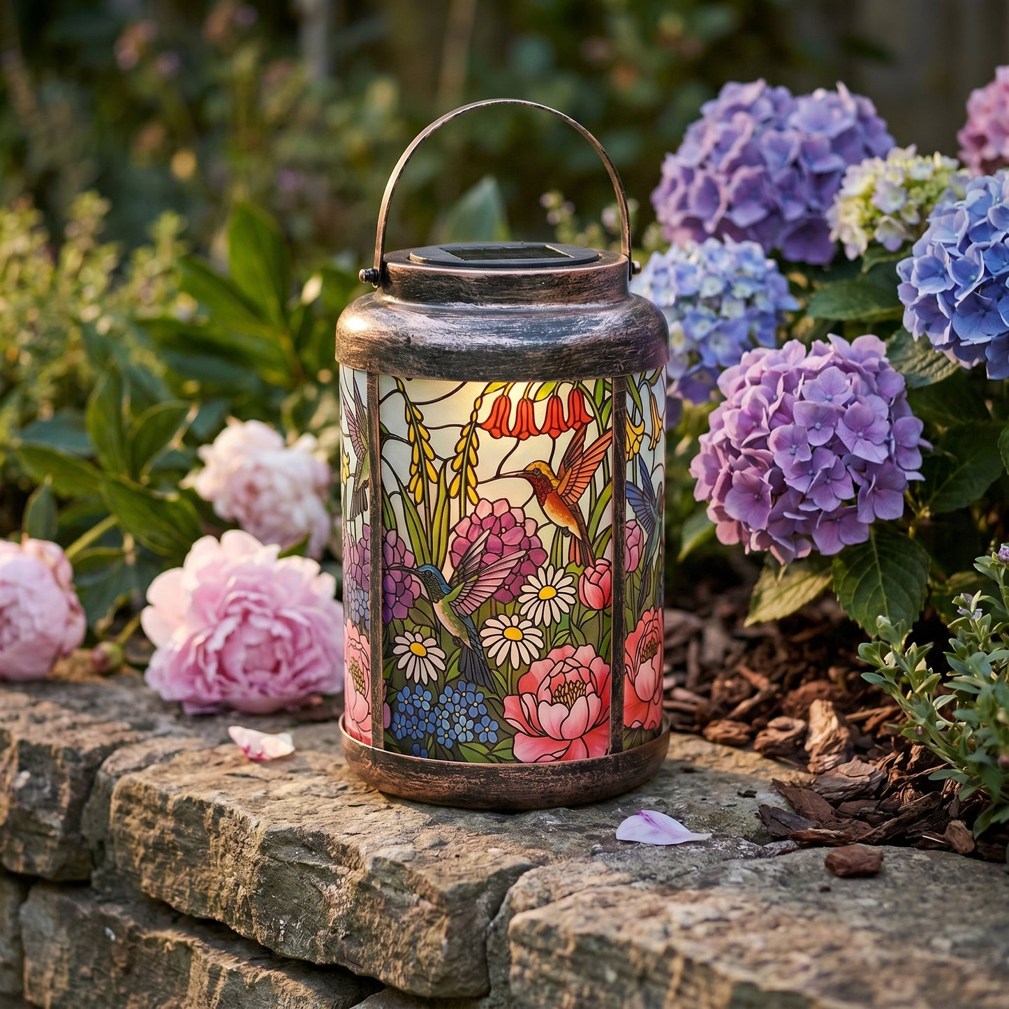 Hummingbird Trio solar lantern lit on a stone garden wall beside blue and purple hydrangeas, a remembrance light for a memorial garden