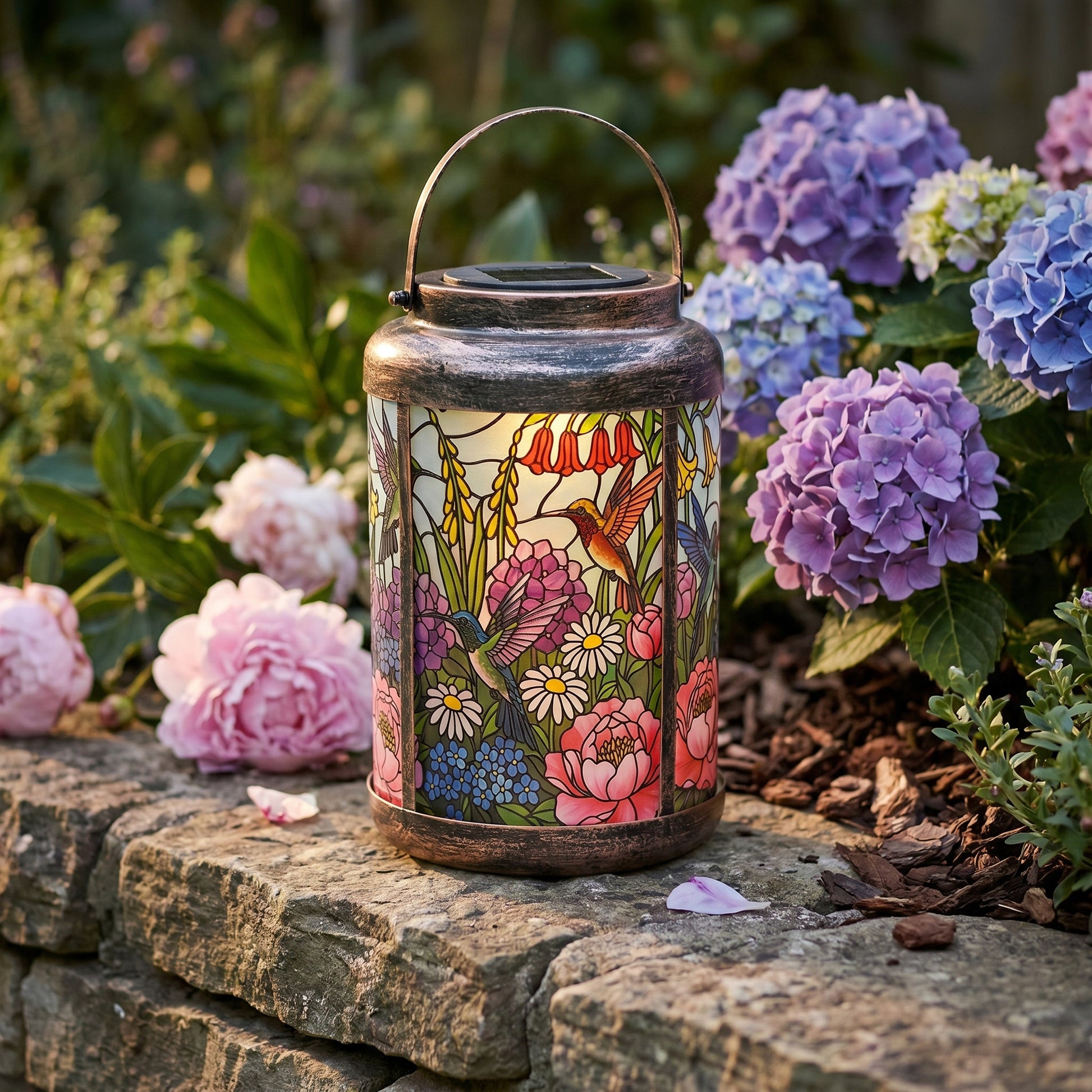 Hummingbird Trio solar lantern lit on a stone garden wall beside blue and purple hydrangeas, a remembrance light for a memorial garden