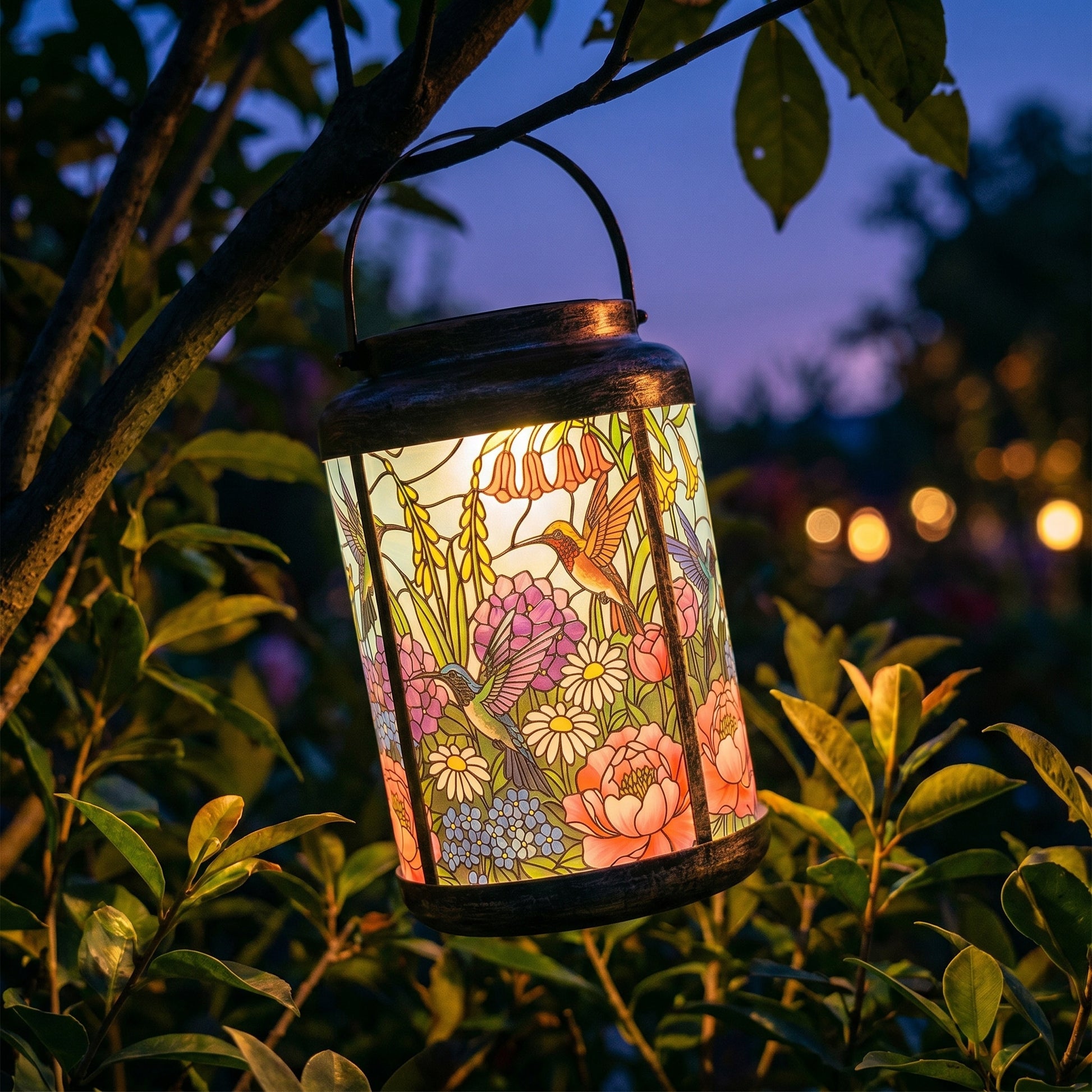 Hummingbird Trio memorial solar lantern glowing at dusk, hanging from a tree branch above a garden bed