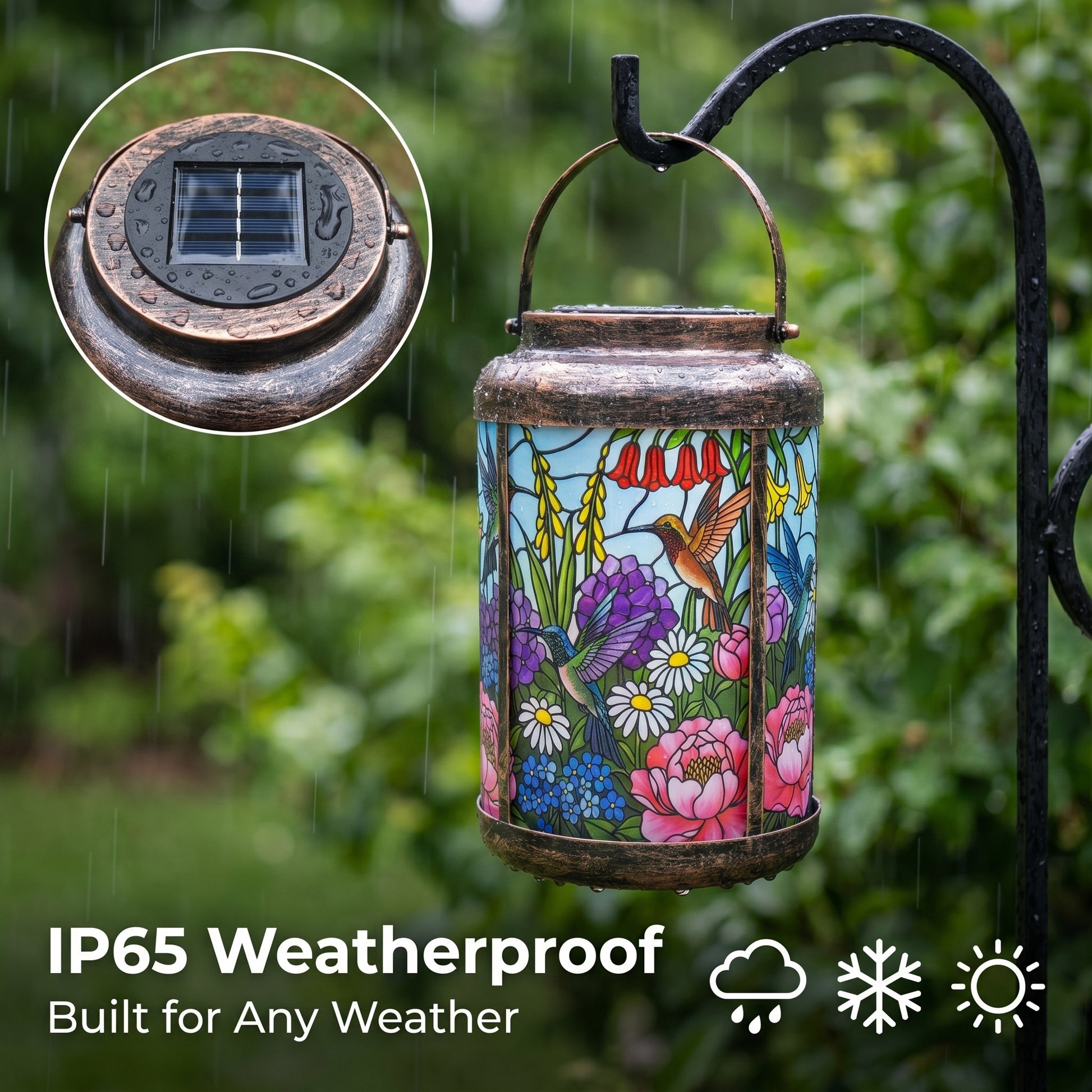 IP65 weatherproof rating illustration showing the lantern in rain, snow, and sunshine