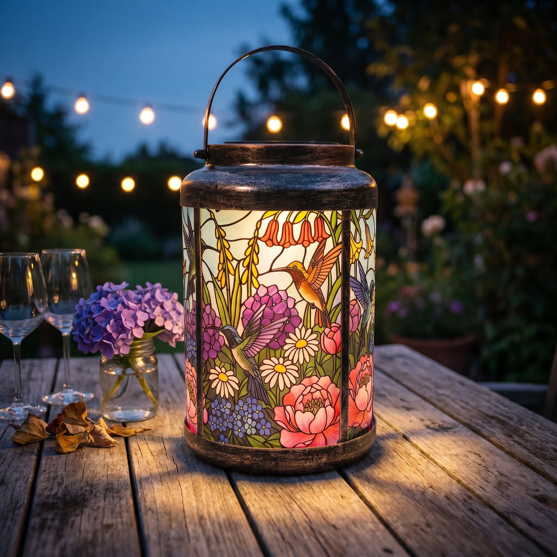 Hummingbird hydrangea solar lantern glowing as an evening centerpiece on an outdoor patio table