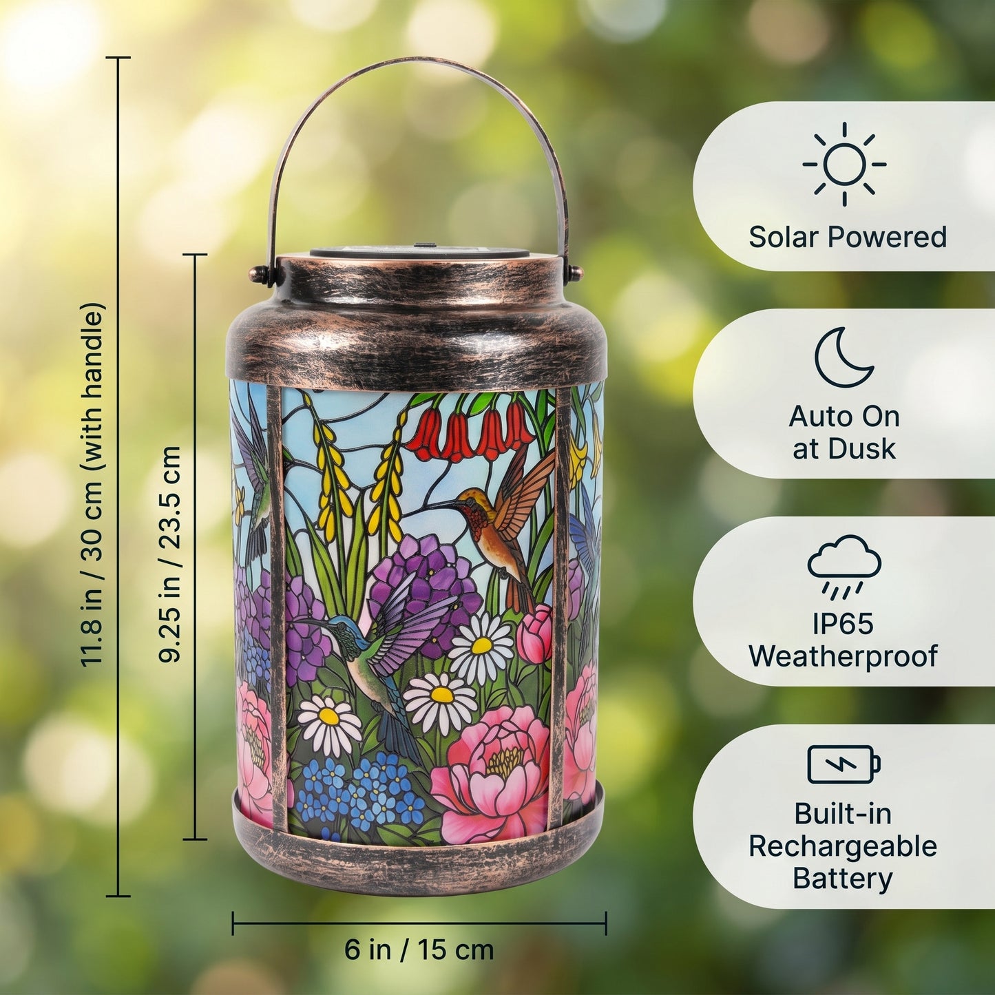 Size chart showing lantern body 9.25 in / 23.5 cm tall, 11.8 in / 30 cm with handle, 6 in / 15 cm across, plus solar powered, auto on at dusk, IP65 weatherproof, and built-in rechargeable battery icons