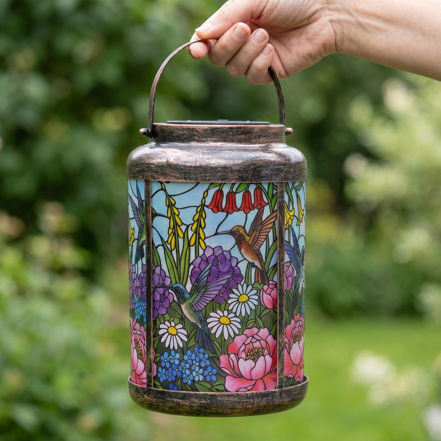 Hand holding the 9.25 inch hummingbird stained glass style solar lantern, showing its true size