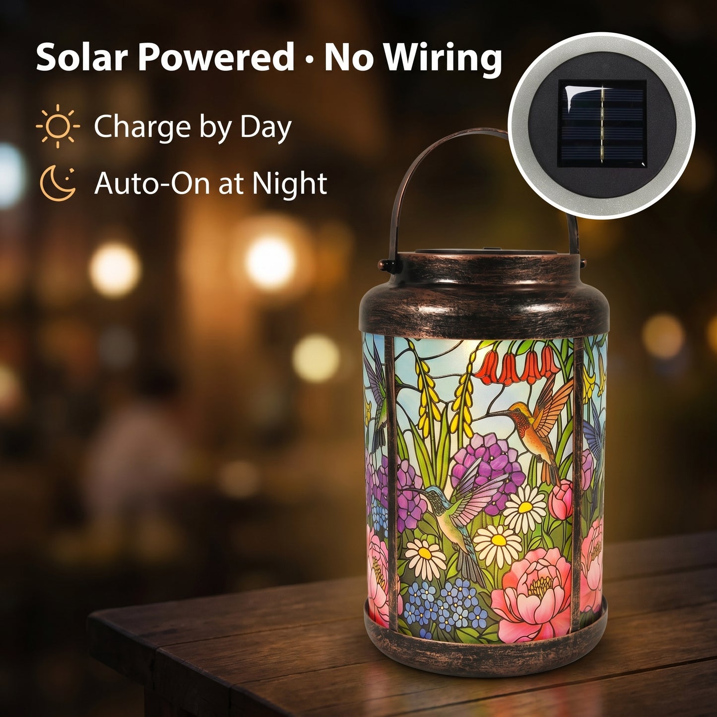 How it works diagram: the solar panel charges by day and the lantern turns on automatically at night, no wiring