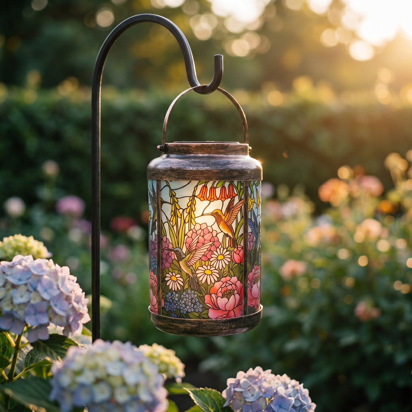 Hummingbird Trio solar garden lantern hanging from a shepherd's hook in daylight, showing the printed glass colors unlit