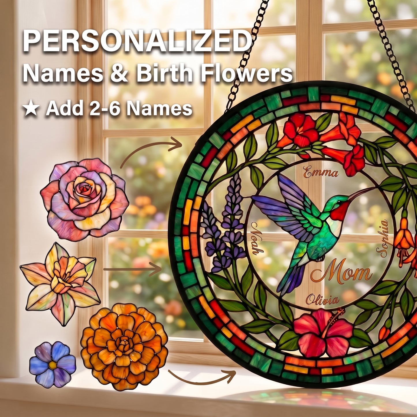 Hummingbird Suncatcher — Personalized Birth Flower Gift for Mom