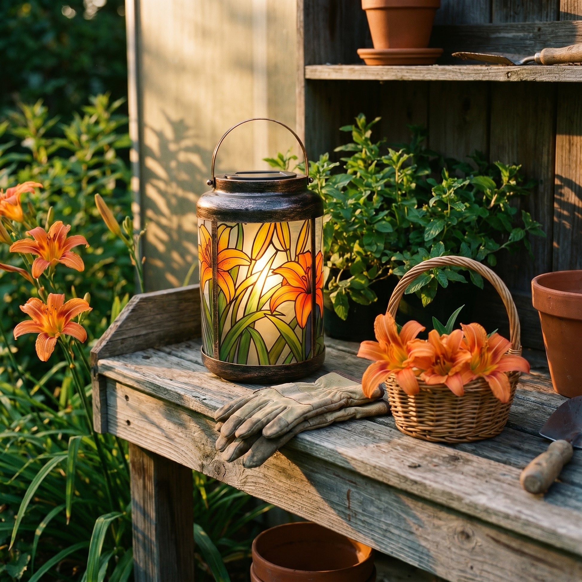 Orange Tiger Lily solar lantern lit in an evening garden scene, a gift for a garden lover