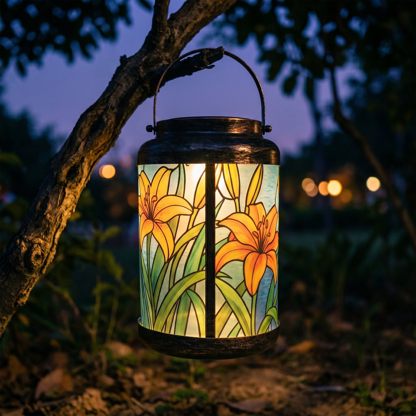 Orange Tiger Lily solar lantern glowing warm at dusk while hanging from a tree branch