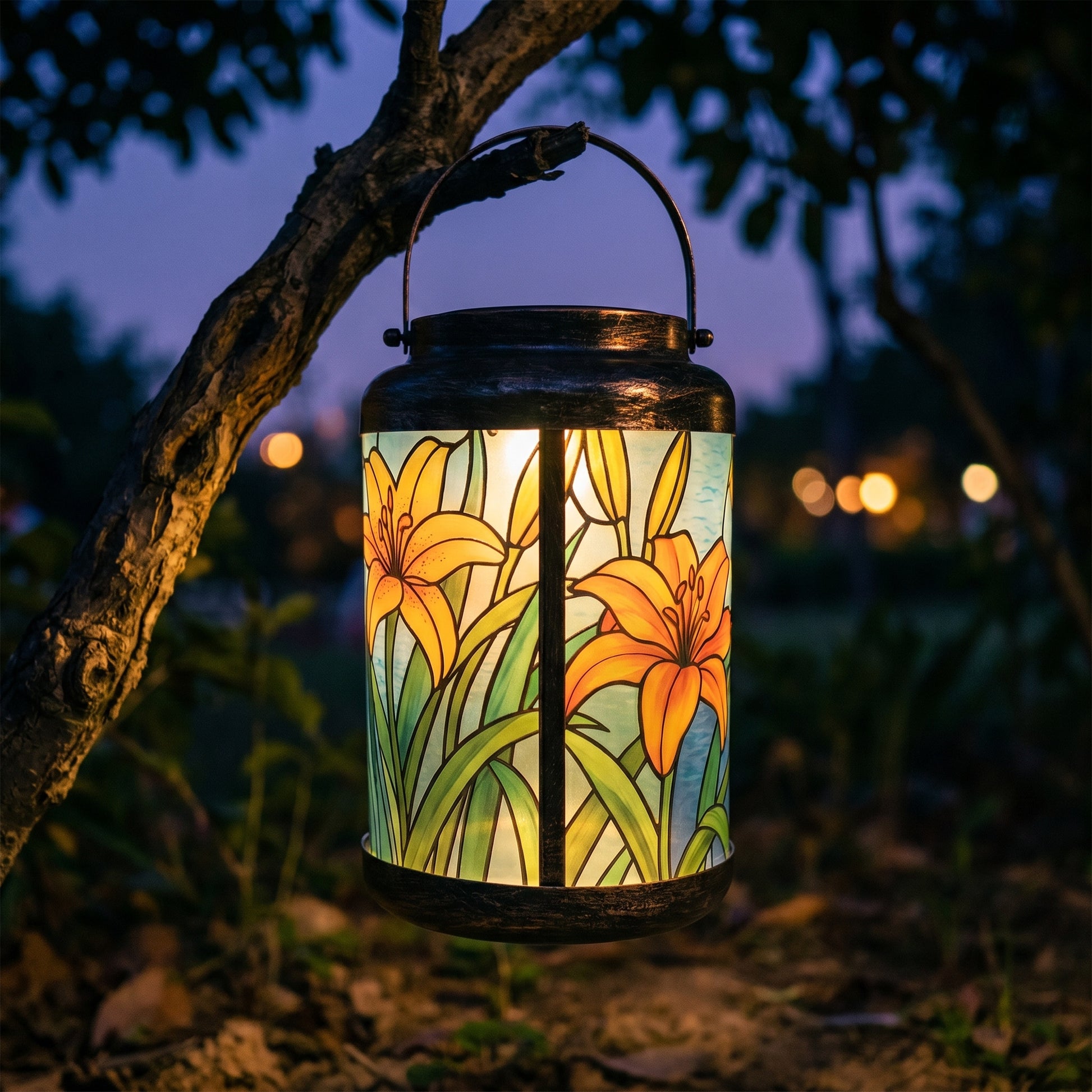 Orange Tiger Lily solar lantern glowing warm at dusk while hanging from a tree branch